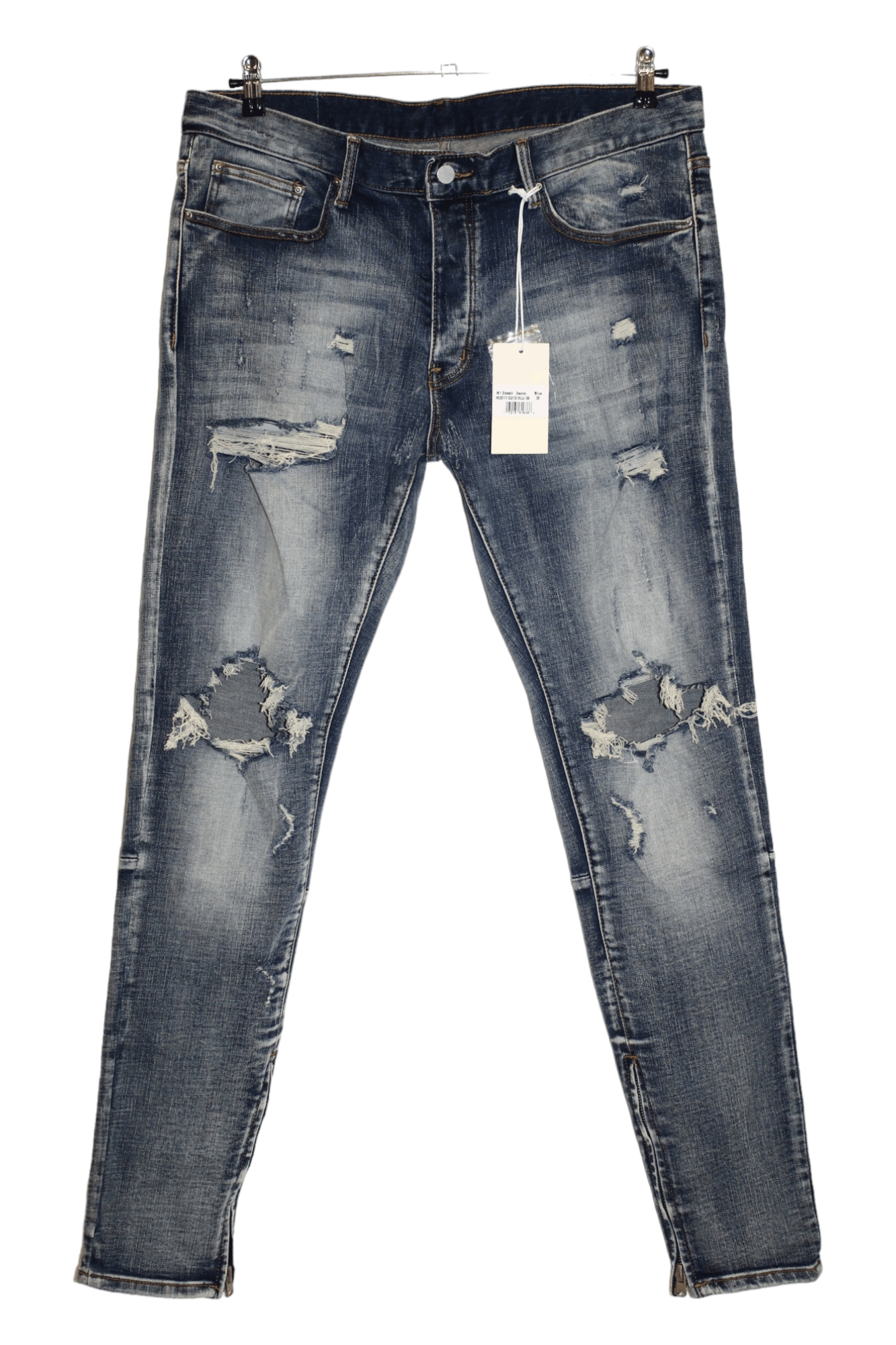 image of Distressed Denim x Mnml Stretch Slim Fit Distressed Zipper Biker Jeans in Blue Wash, Men's (Size 38