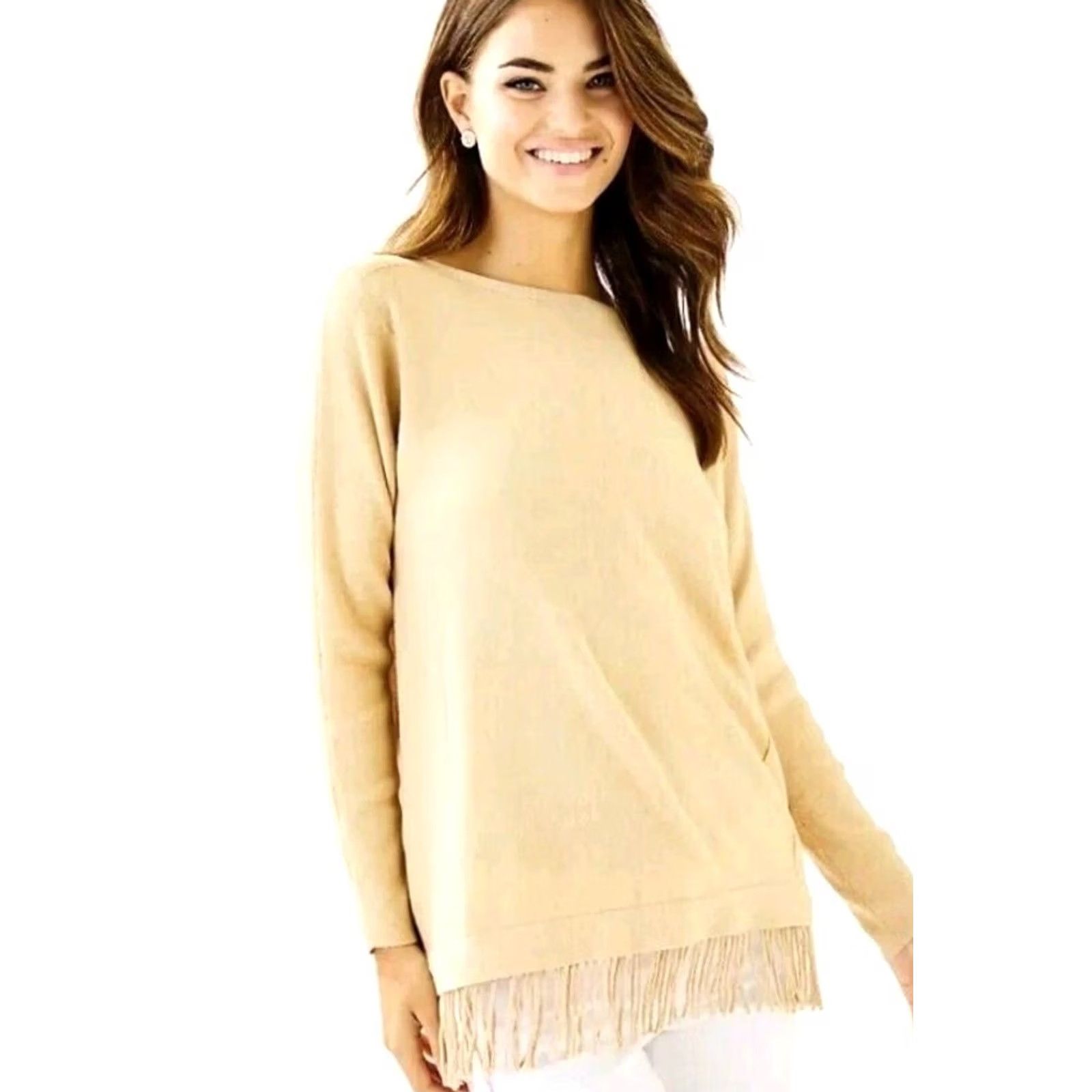 Lilly Pulitzer Lilly Pulitzer Womens Medium Sweater Camel Tan Fringe Hem Knit Glenda Ramona Size M / US 6-8 / IT 42-44 - 2 Thumbnail