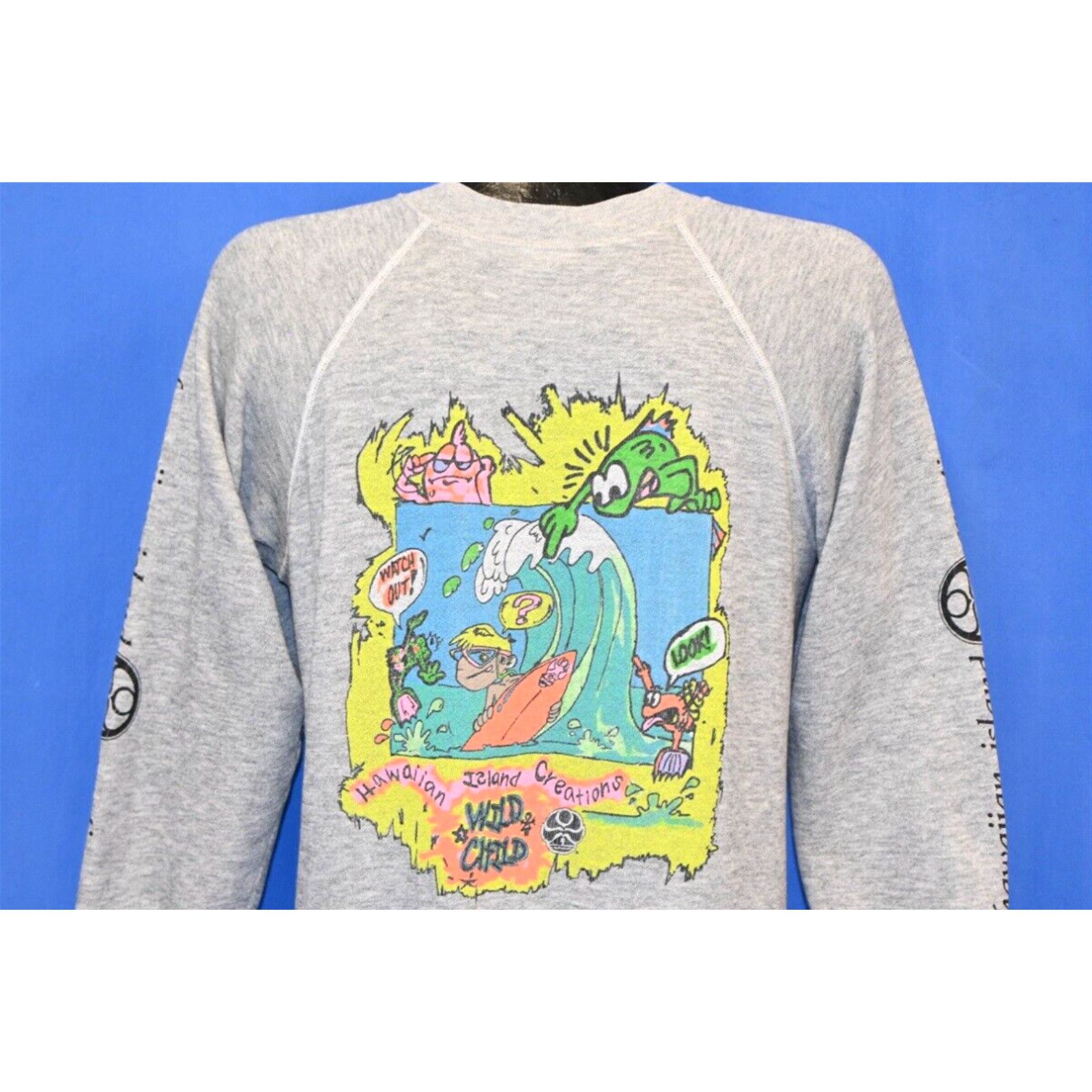 image of Hanes VTG 80's Hawaiian Island Creations Wild Child Tri-Blend Surf Sweatshirt Small S in White, Men