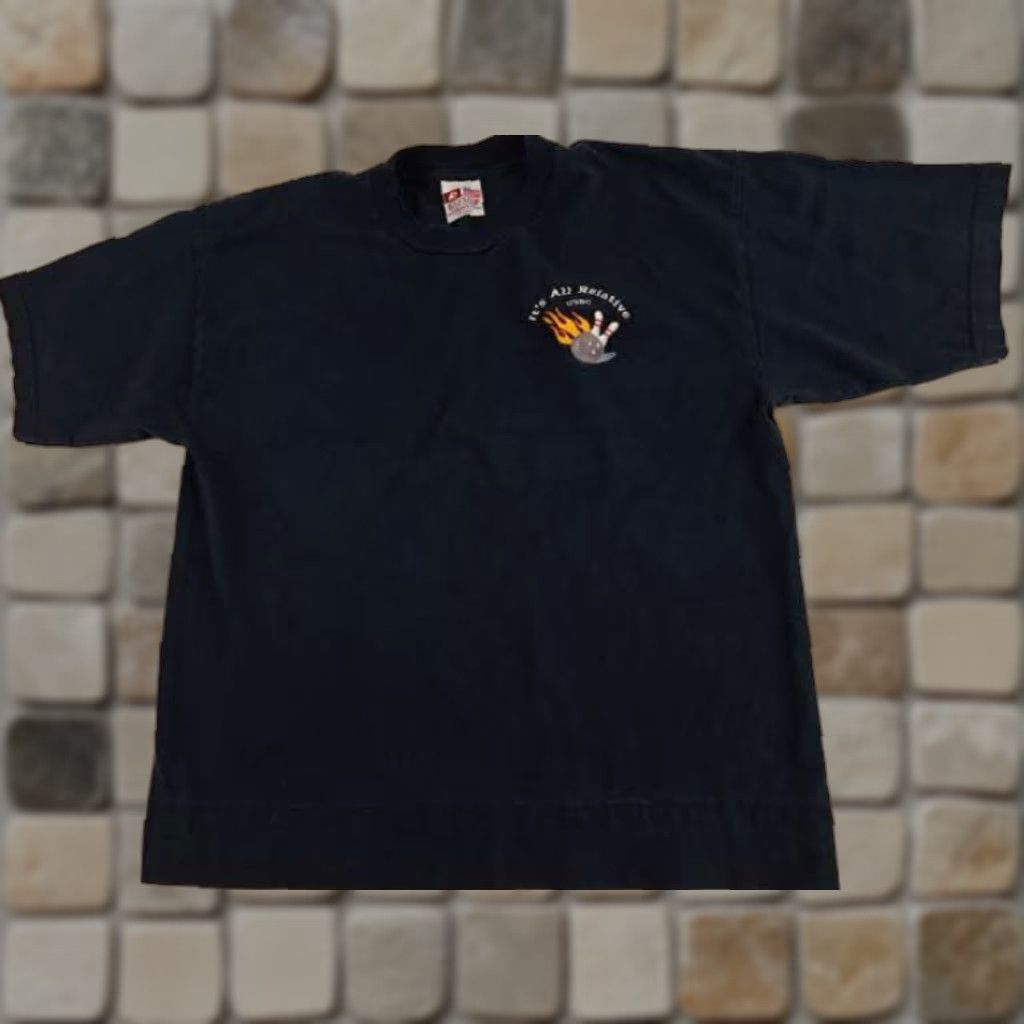 Vintage VINTAGE Bayside Bowling USBC It's All Relative Shirt XL USA made Men's T-Shirt Black Canvas Short Sleeve Crew Neck Embroidered 1990s Bowling Theme Size US XL / EU 56 / 4 - 1 Thumbnail