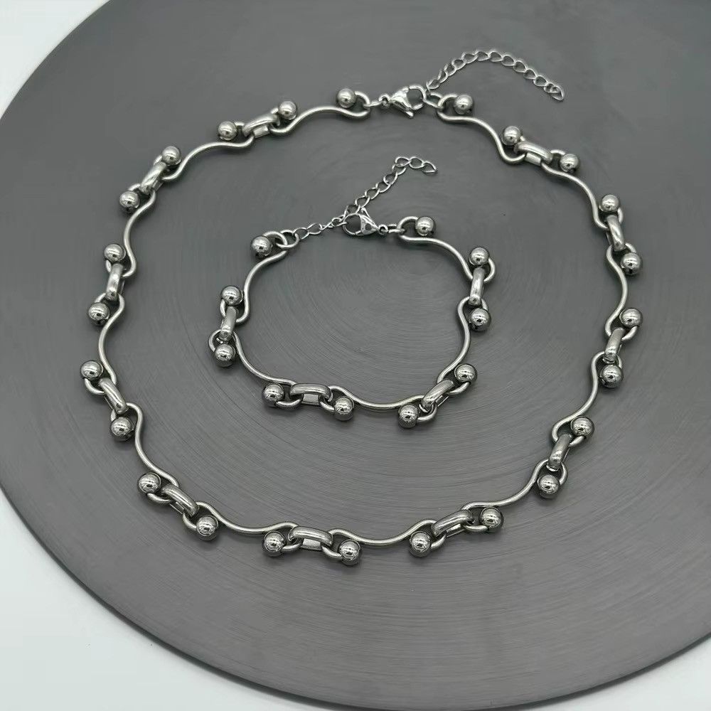 Jewelry 1 Set Wave Ball Chain Necklace And Bracelet Size ONE SIZE - 3 Thumbnail