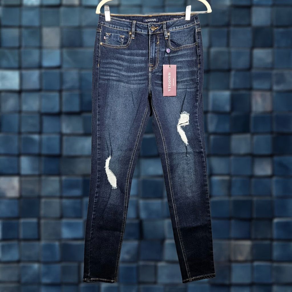 Vintage VIGOSS Jeans Skinny Women Regular 28W 29L Dark Wash Blue Cotton Polyester Spandex Belted Button Mid Rise Casual New Size 28" / US 6 / IT 42 - 1 Thumbnail