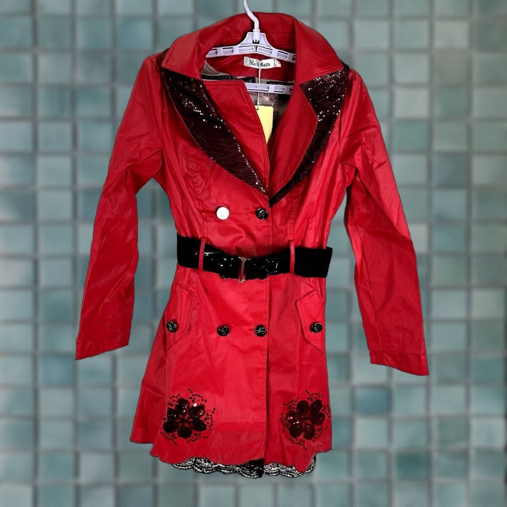 Max Mara Max Mara Rain Coat Womens Jr Size L Red Double Breasted Belted Scarf Sequin Size L / US 10 / IT 46 - 1 Thumbnail