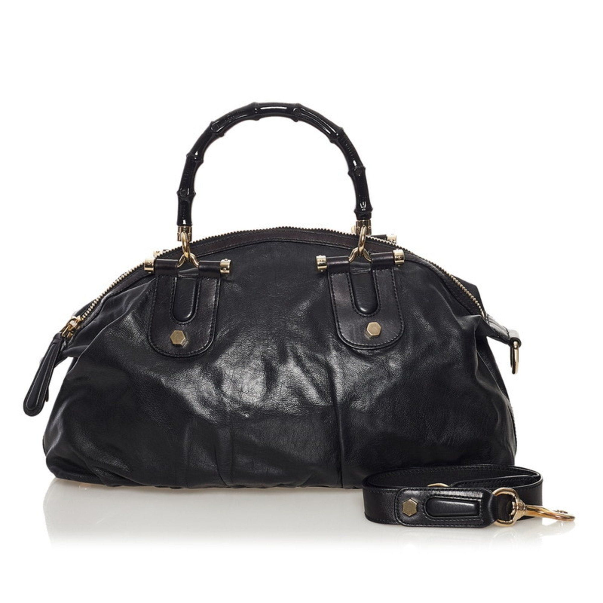 image of Gucci Bamboo Handbag Shoulder Bag 2Way 189867 Black Leather Ladies Gucci, Women's