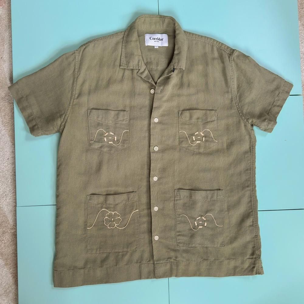 image of Corridor Nyc Green Linen Flower Embroidered Chore Coat Large, Men's