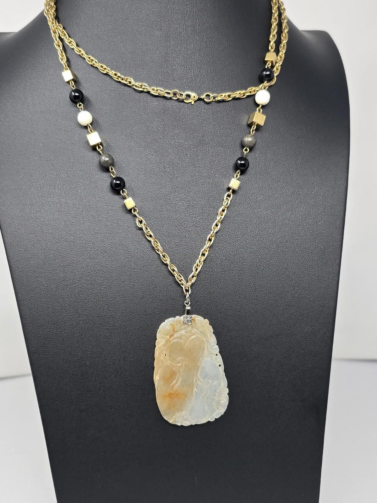 Monet SIGNED MONET 38" Vintage Jadeite Carved Gold Tone Necklace Size ONE SIZE - 1 Thumbnail