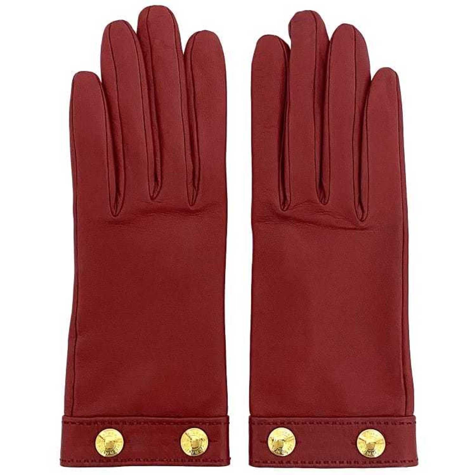 image of Hermes Gloves Red Gold Serie Leather Lambskin Button S Size Ladies, Women's