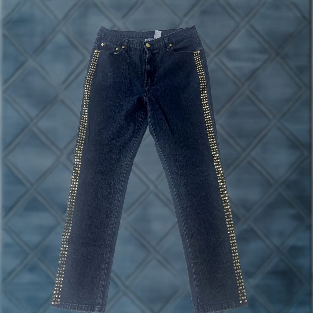 Denime DG2 by Diane Gilman Women's Blue Denim Jeans Dark Wash Gold Stone Size 10 Regular 5-Pocket Tapered Metal Accents Shirt? Size 32" / US 10 / IT 46 - 1 Thumbnail