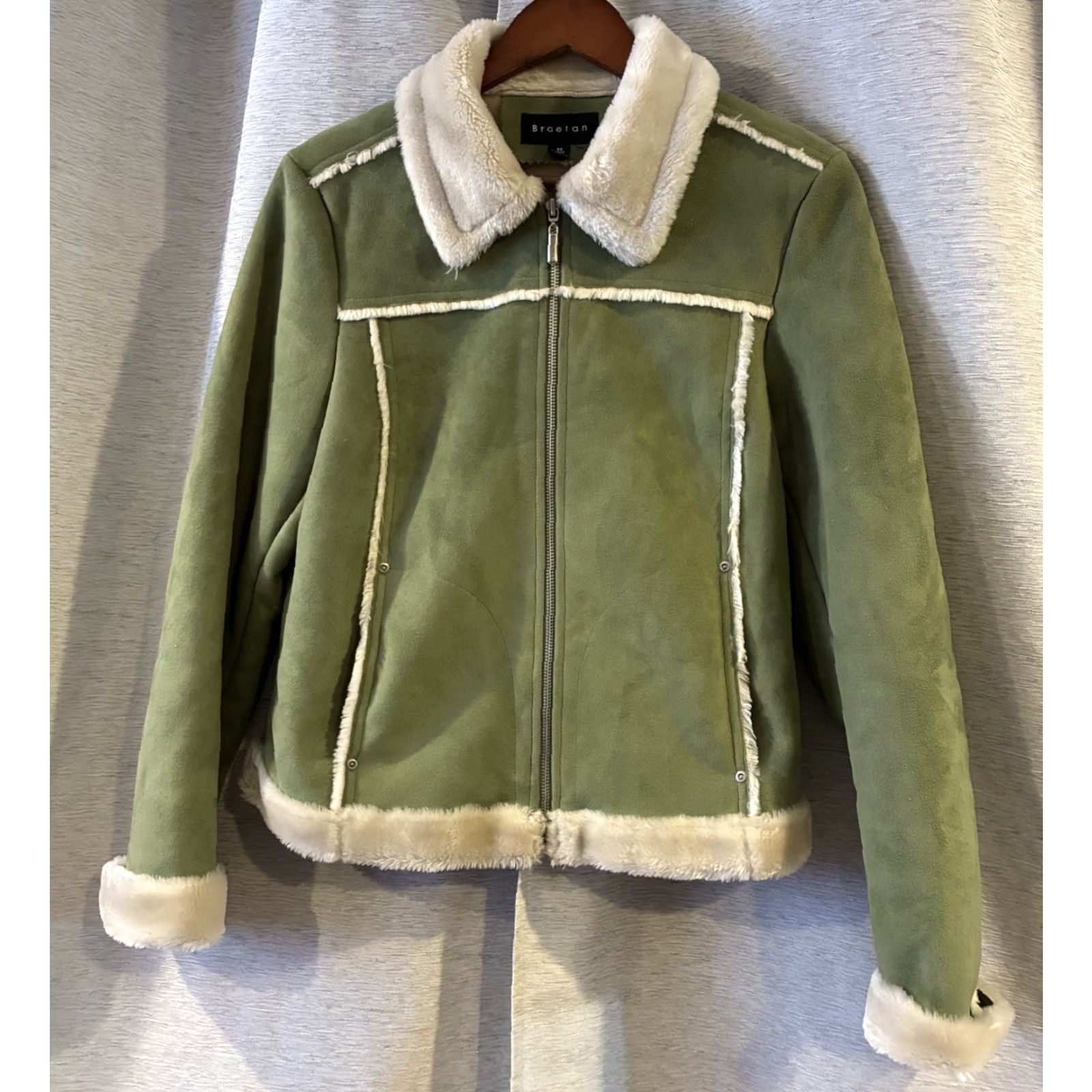 Penn VINTAGE Braetan Coat Womens M Green Faux Suede Fur Collar Boho Hippie 80s 90s 70s 60s Vintage Basic Jacket Pockets Collared Fall Winter Size M / US 6-8 / IT 42-44 - 3 Thumbnail