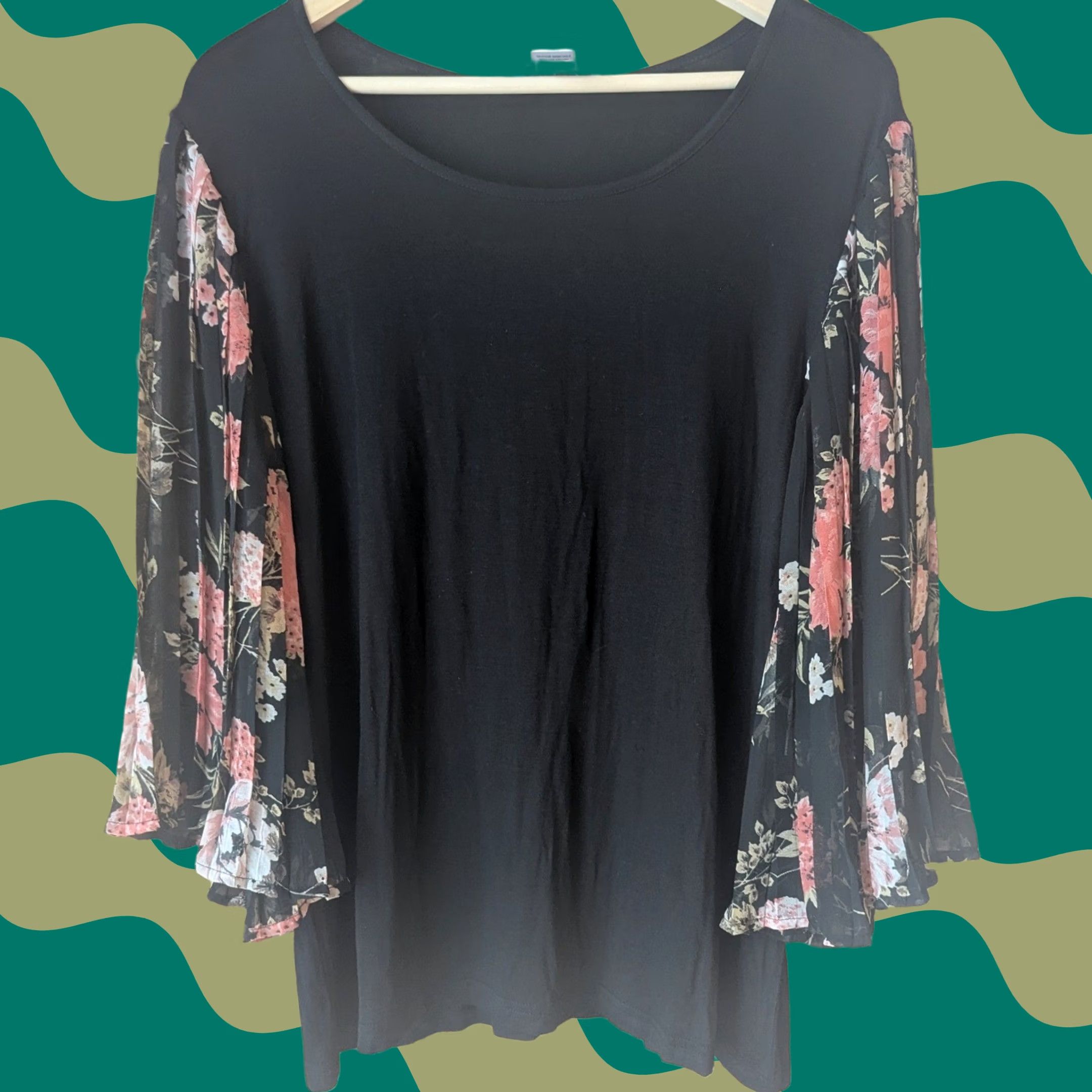 Bell Black Bell Sleeve Blouse Top Womens L Jersey Floral Pleated Scoop Neck Boho NATURE Fall Spring Summer Winter Party Casual Womens Size L / US 10 / IT 46 - 1 Thumbnail