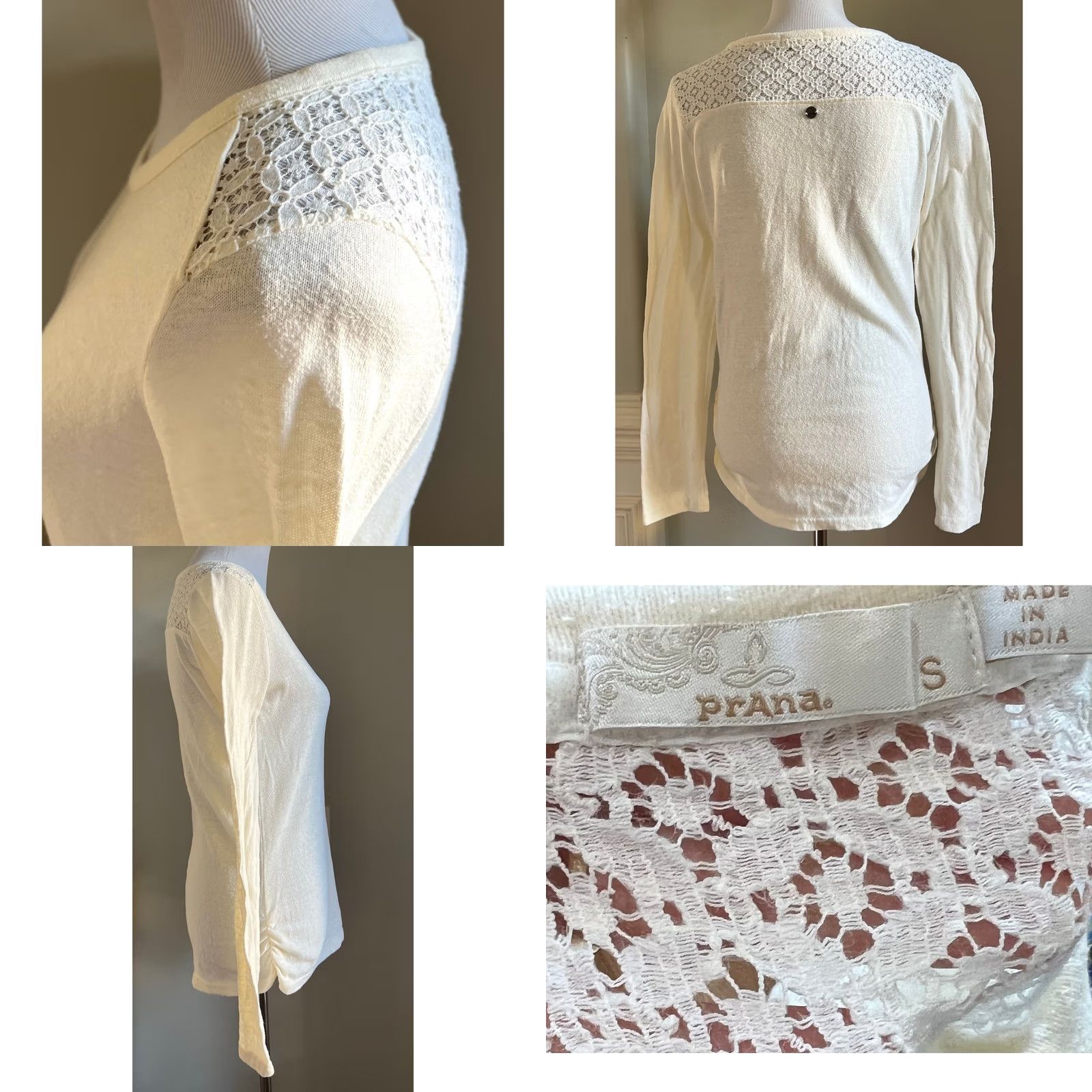 Prana PrAna Isadora Tunic Top Cream Ivory Lace Shoulders Ruched Ballet Neck Womens S Blouse Shirt Size S / US 4 / IT 40 - 8 Thumbnail