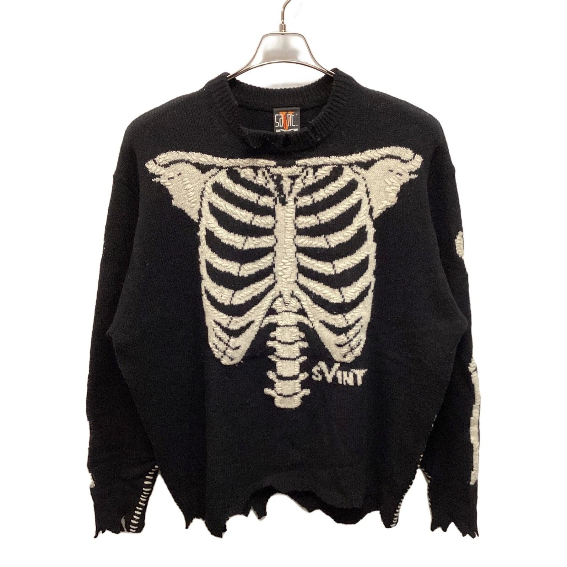 SAINT MICHAEL Distressed Bone Embroidered Wool Knit Black L