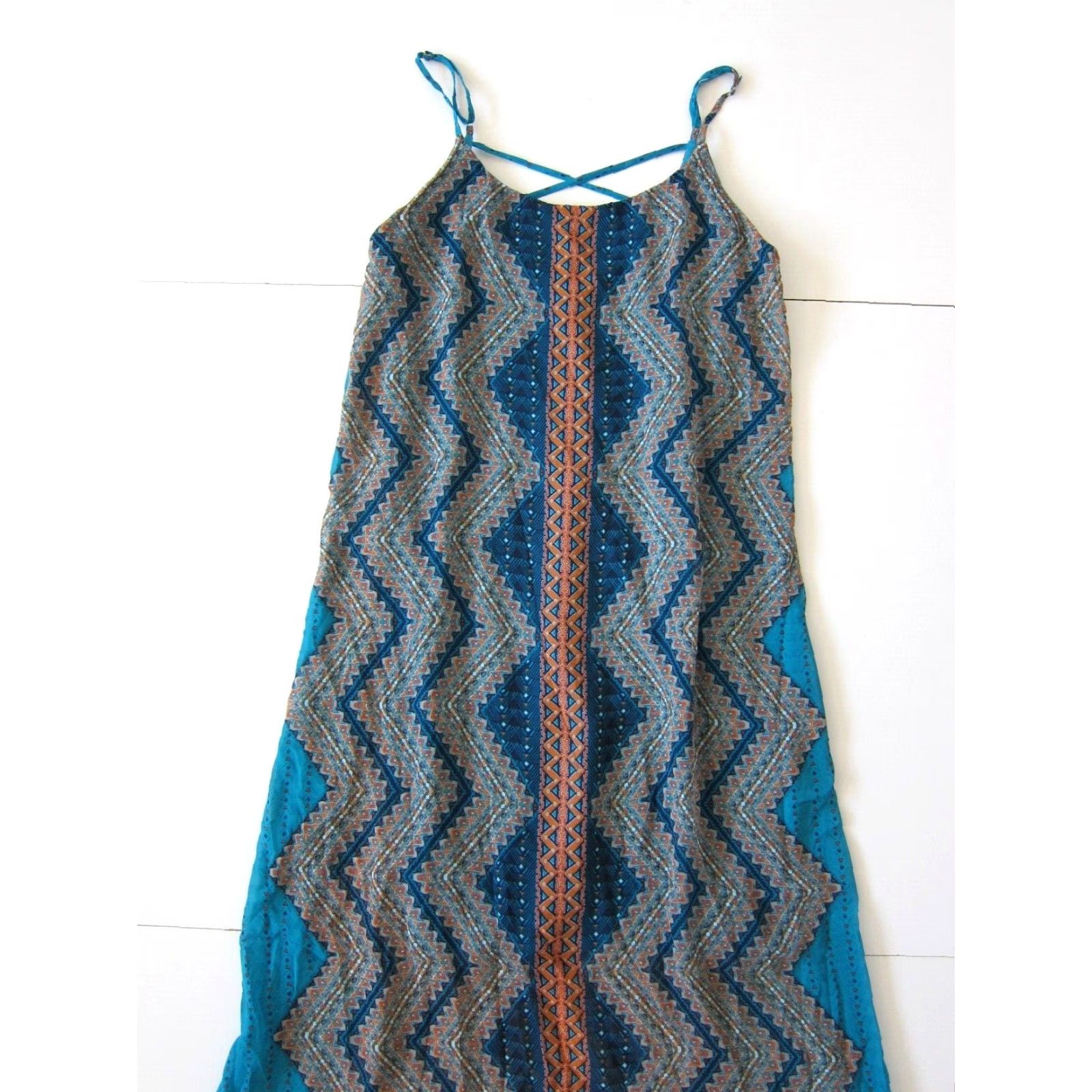 Vintage Bisou Bisou Michele Bohbot Maxi Dress Spaghetti Strap Blue Orange Silky Long 6 Women's Size M / US 6-8 / IT 42-44 - 6 Thumbnail