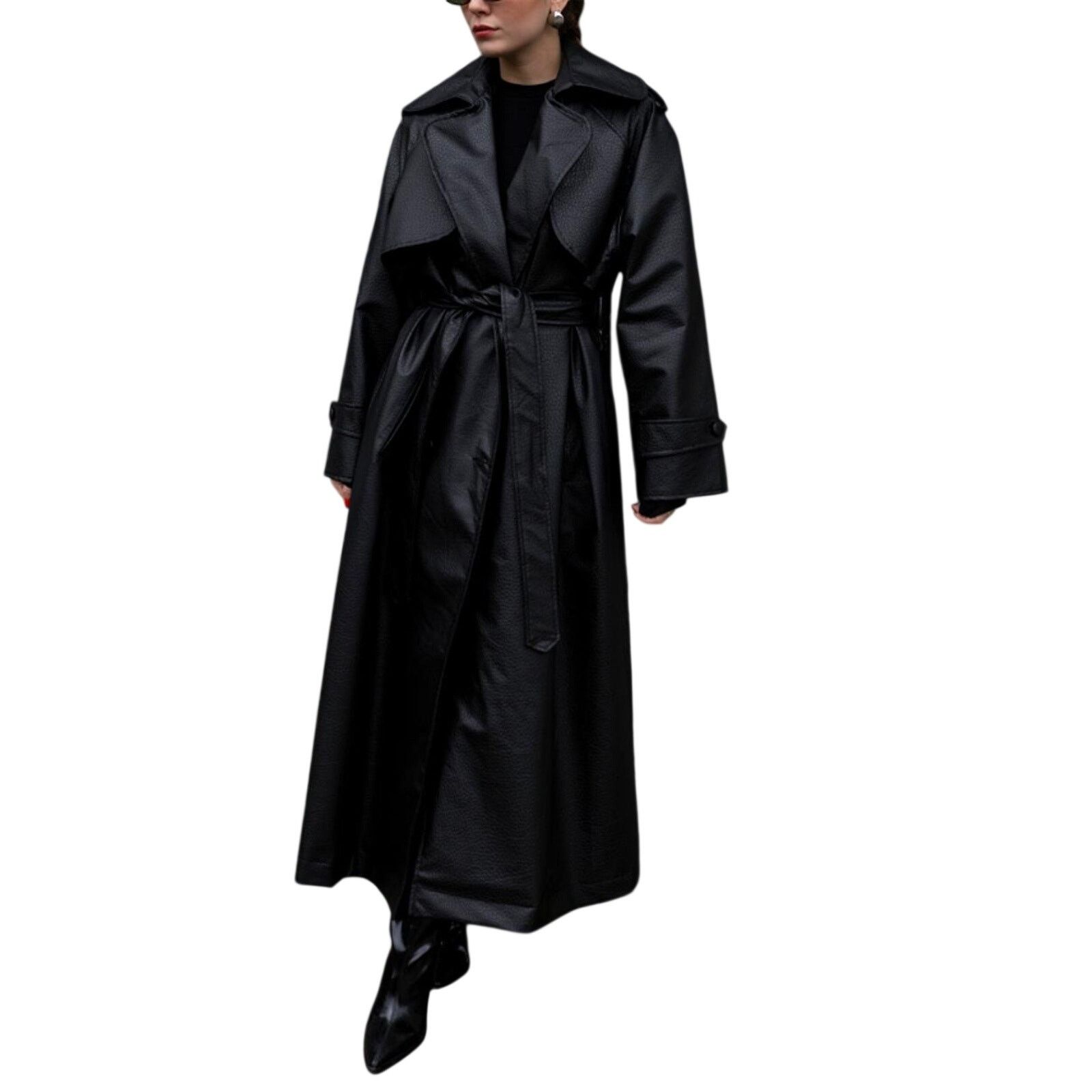 Other Black Faux Leather Trench Coat Women Long Belted Classic Size ONE SIZE - 2 Thumbnail