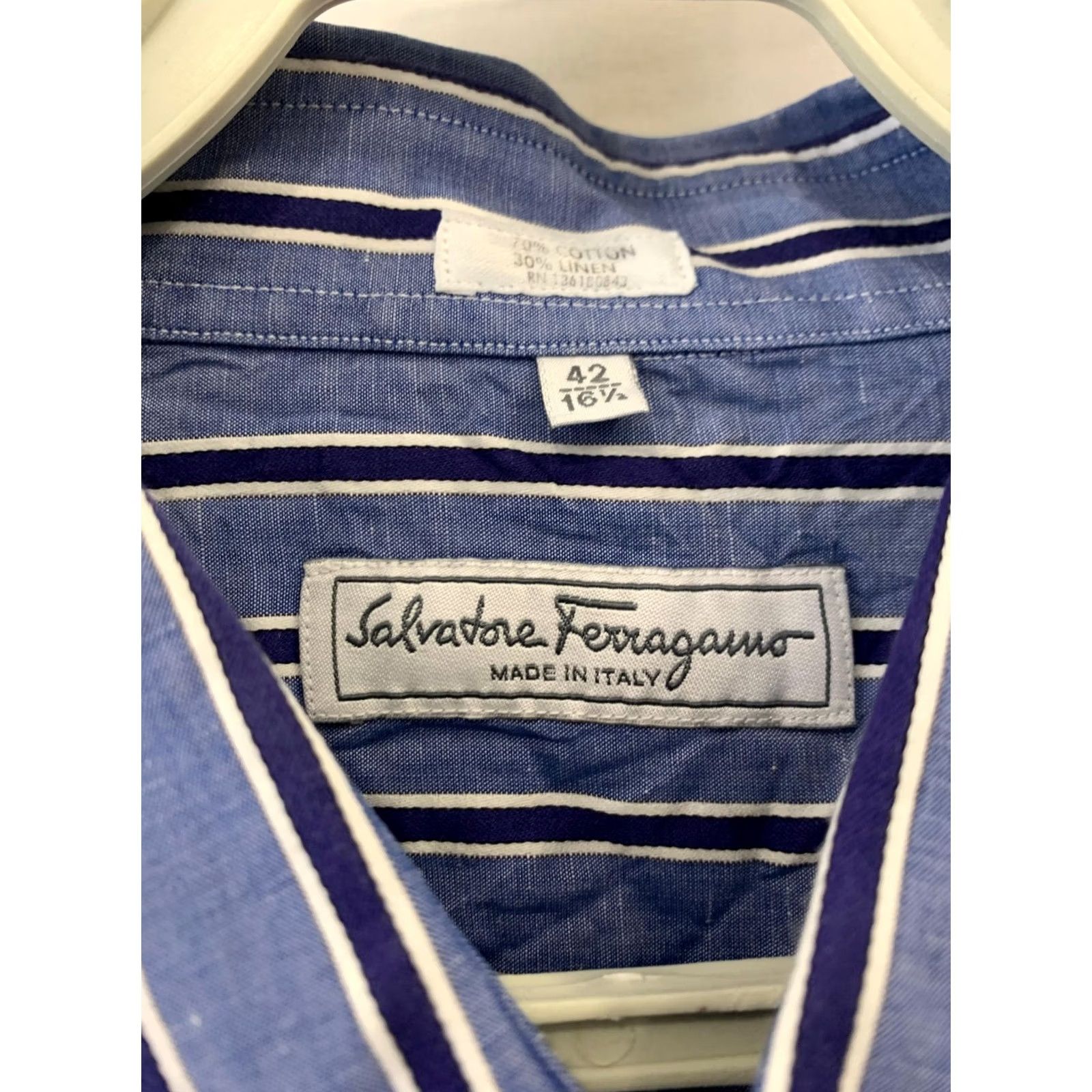 Salvatore Ferragamo Salvatore Ferragamo Men’s Large Blue Stripe Linen Cotton Shirt Italy 16.5 42#C16 Dress Shirt Size US L / EU 52-54 / 3 - 3 Thumbnail