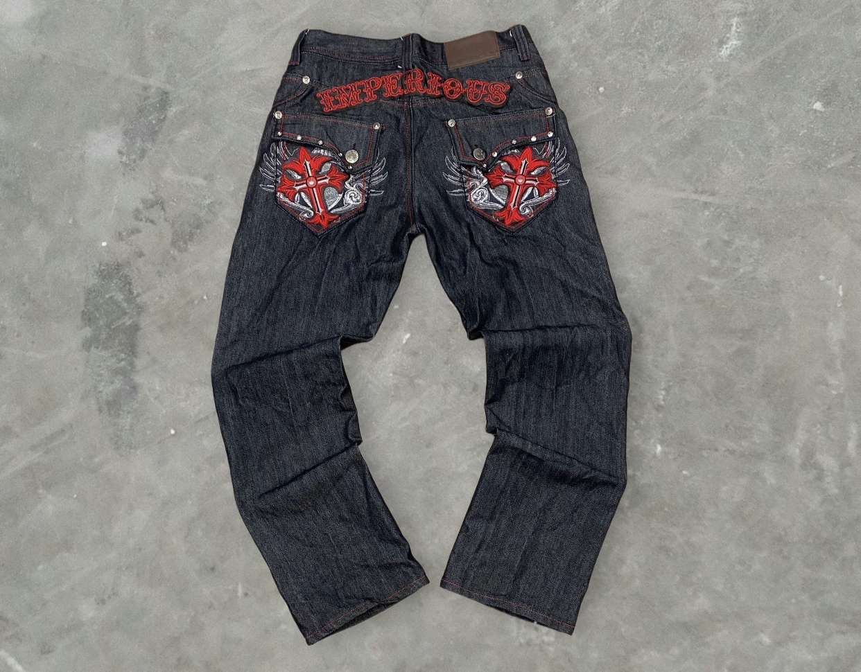 image of Y2K Baggy Embroidered Graphic Jnco Style Jeans in Black, Men's (Size 32)