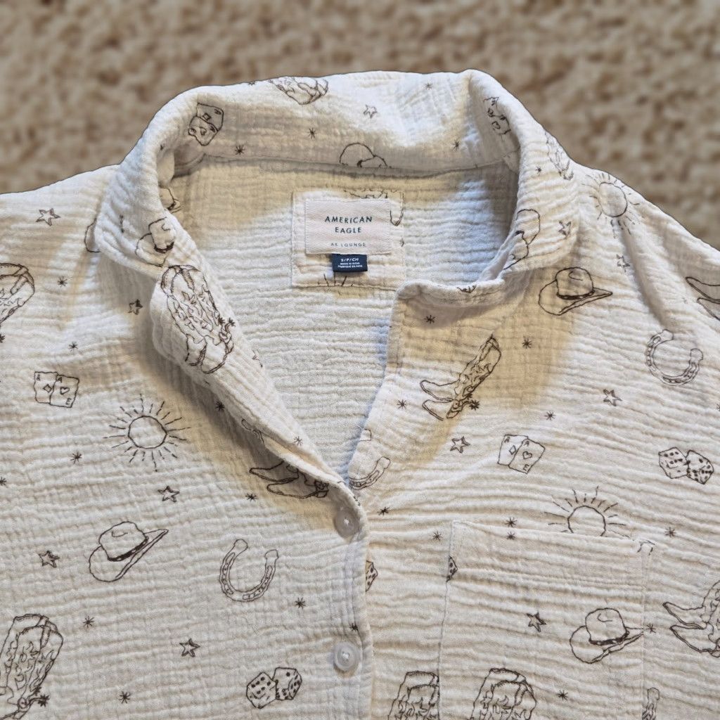 American Eagle Outfitters American Eagle Top Womens Small White Gauze Lounge Pajama Cowboy Western Casual Shirt Size S / US 4 / IT 40 - 1 Thumbnail