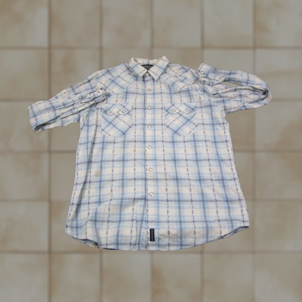 Vintage Rough Stock Shirt Mens Large White Blue Plaid Panhandle Western Slim Snap 90s Size US L / EU 52-54 / 3 - 1 Thumbnail
