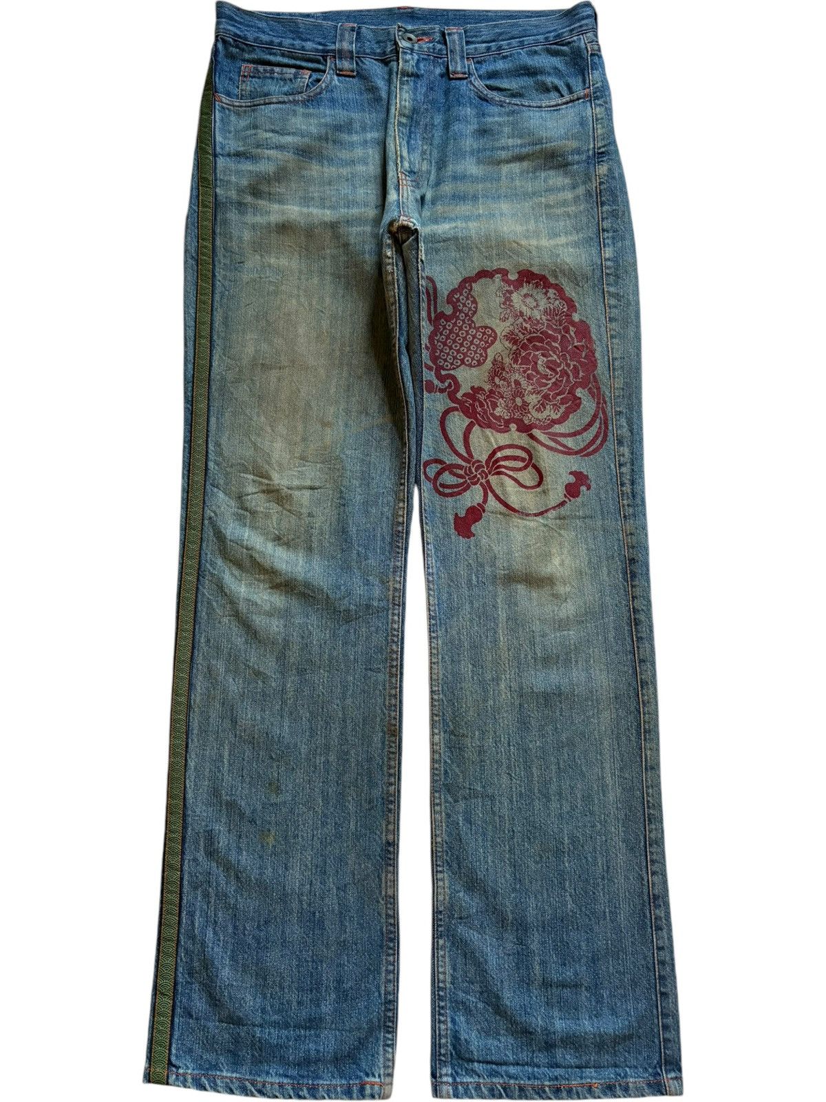 Japanese Brand Vintage Aesthetic Japan Traditional Style Print Baggy Jeans Size US 33 - 1 Thumbnail