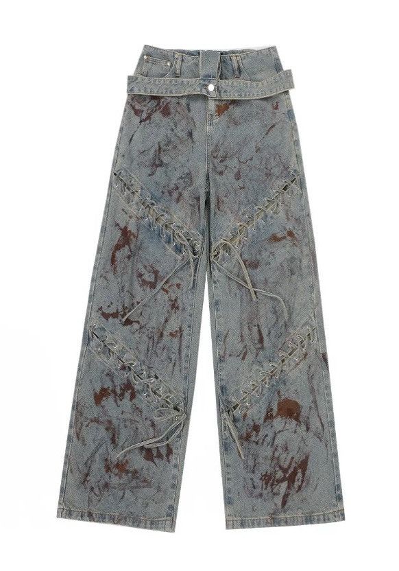 Avant garde punk y2k washed dirty paint tie up jeans pants