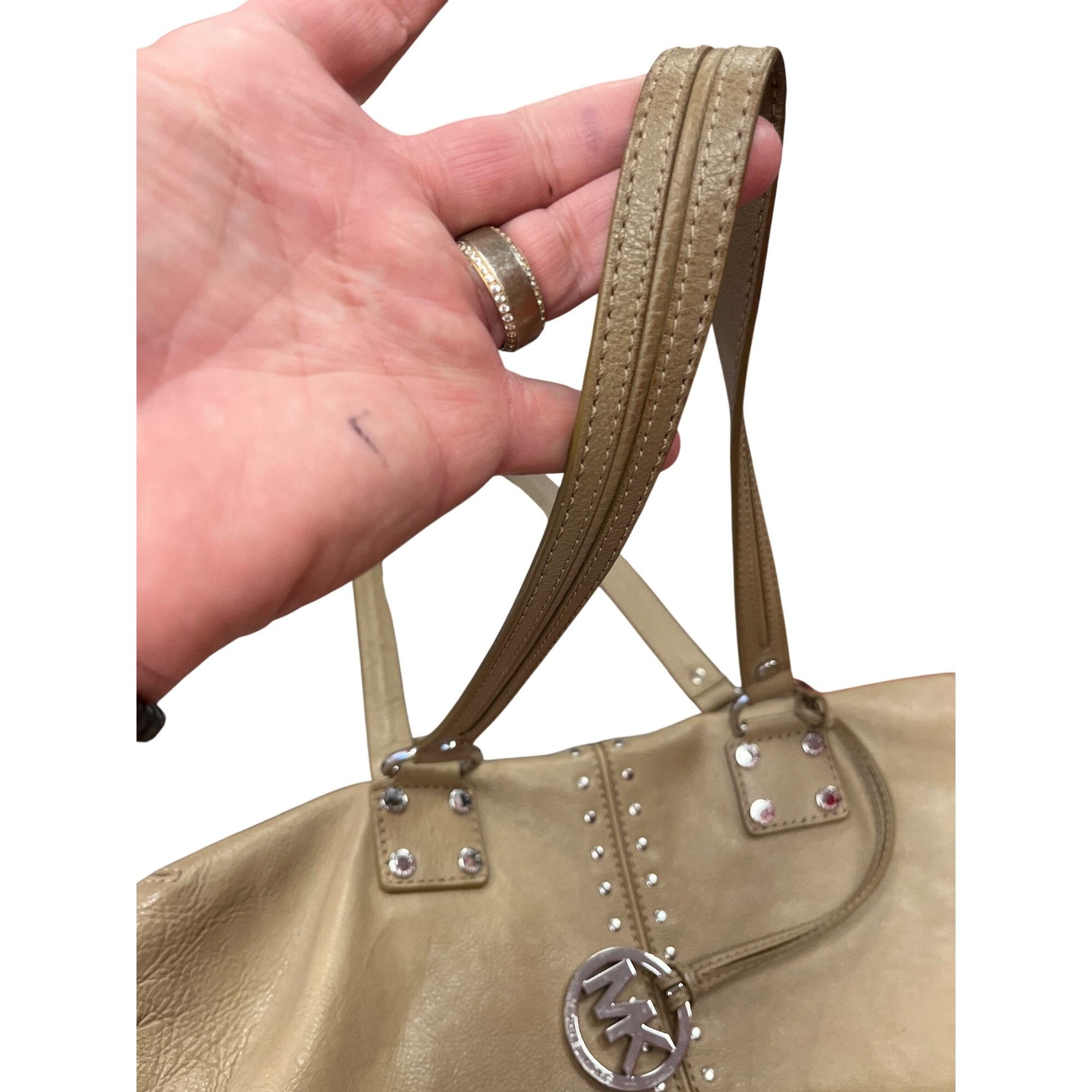Michael Kors Michael Kors wms taupe tan leather studded hobo tote bag SKU Size ONE SIZE - 10 Thumbnail