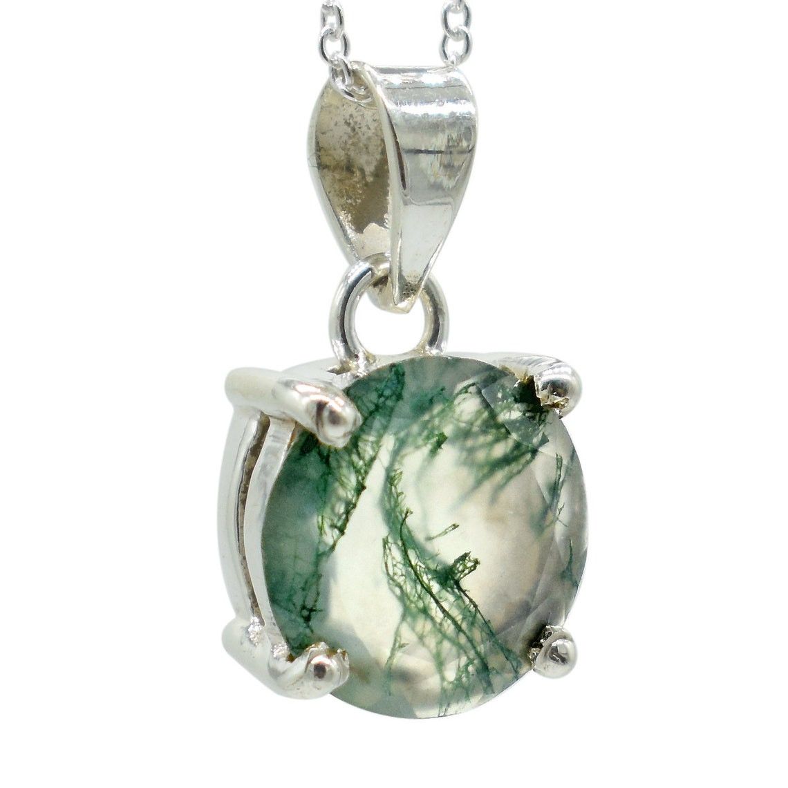 Handmade Moss Agate 925 Sterling Silver Pendant Necklace - 11mm Round Size ONE SIZE - 1 Thumbnail