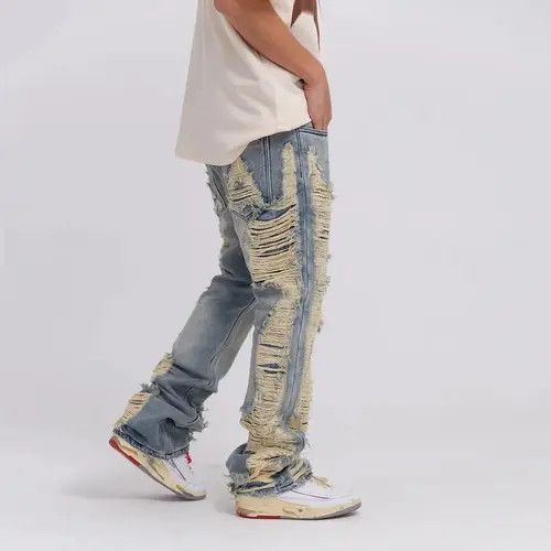 Jean Tomoko x Kazue Ripped frayed hole blue washed baggy jeans Size US 33 - 3 Thumbnail