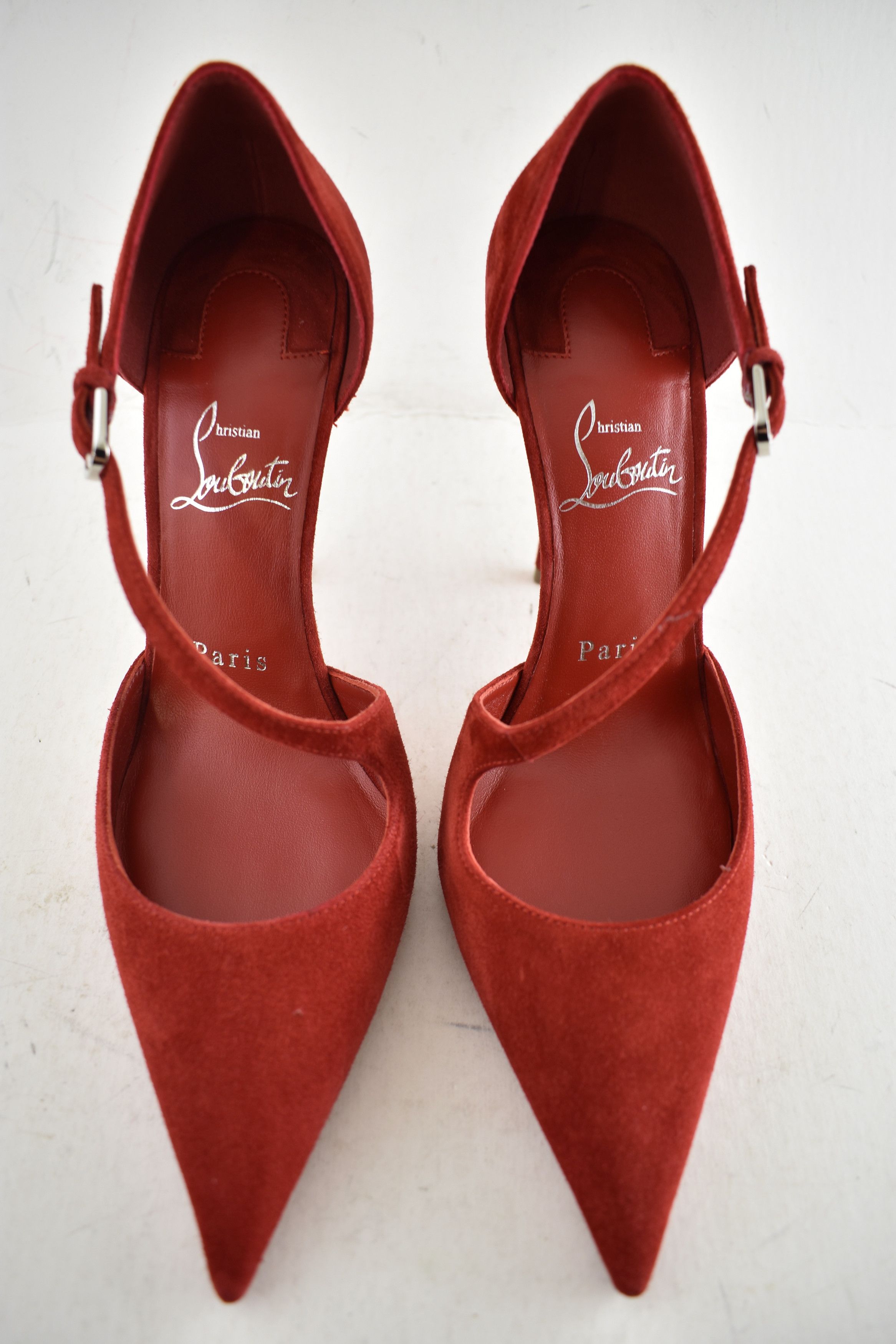 Christian Louboutin Miss Ziggyta 100 Fever Red Suede Cross Strap Heel Pump 36.5 Size US 6.5 / IT 36.5 - 7 Thumbnail