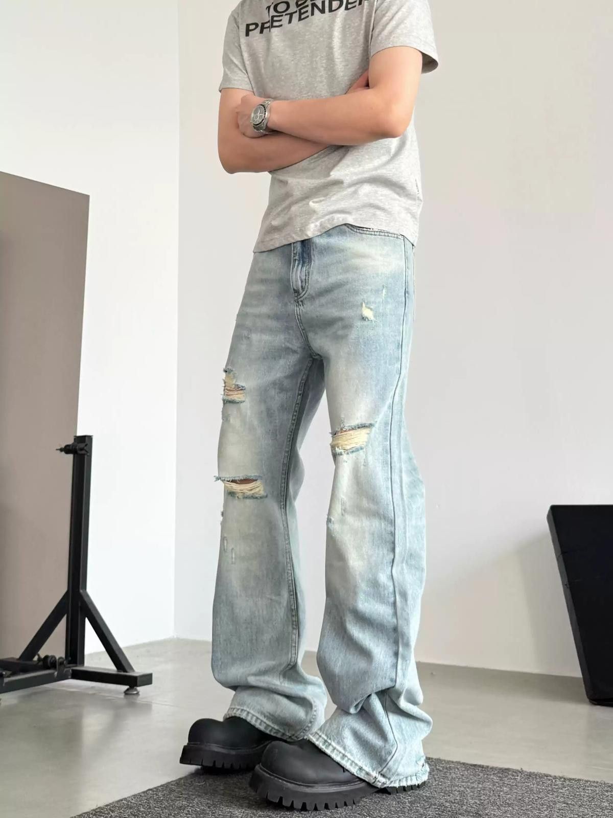Light Blue Ripped Micro Flare Jeans