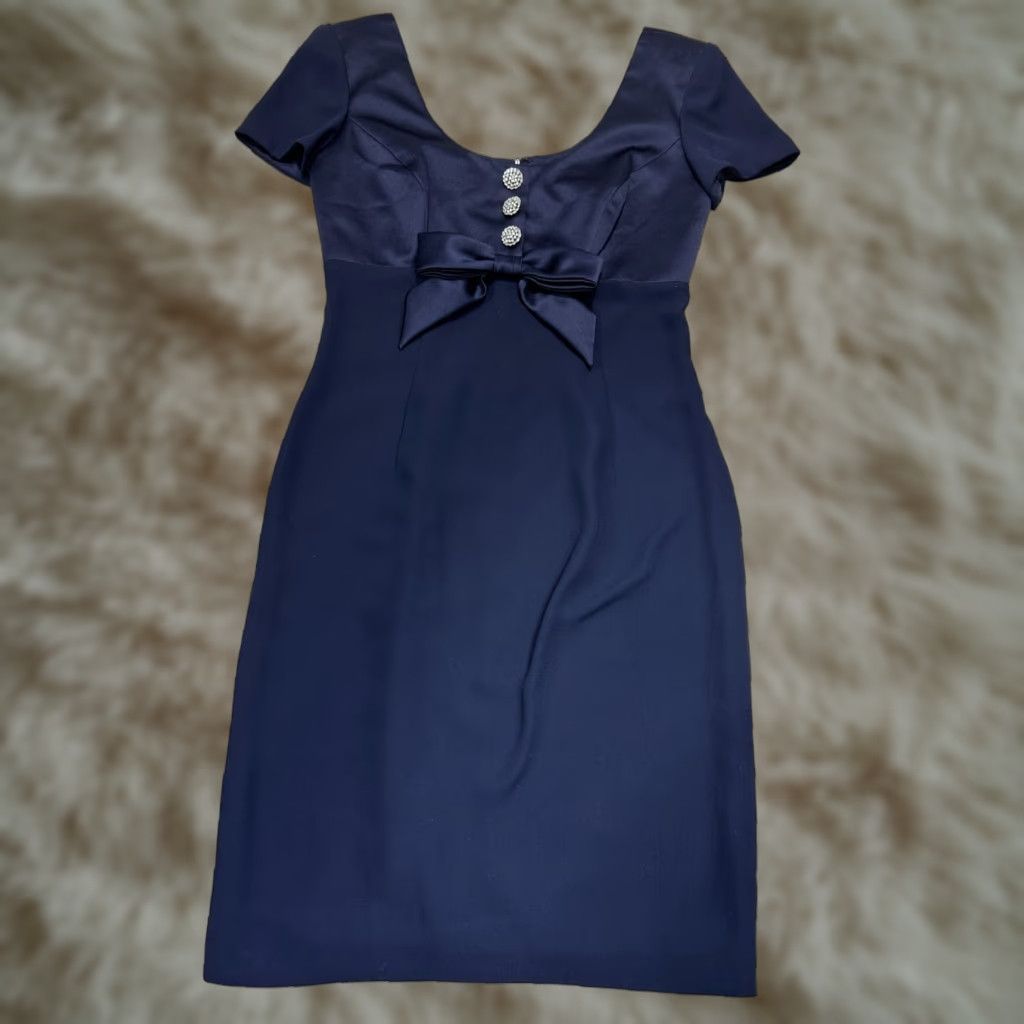 Vintage En Francais Blue Bodycon Dress Short Sleeve Bow Button Accent Lined Cocktail Sz 6 Womens Size M / US 6-8 / IT 42-44 - 1 Thumbnail