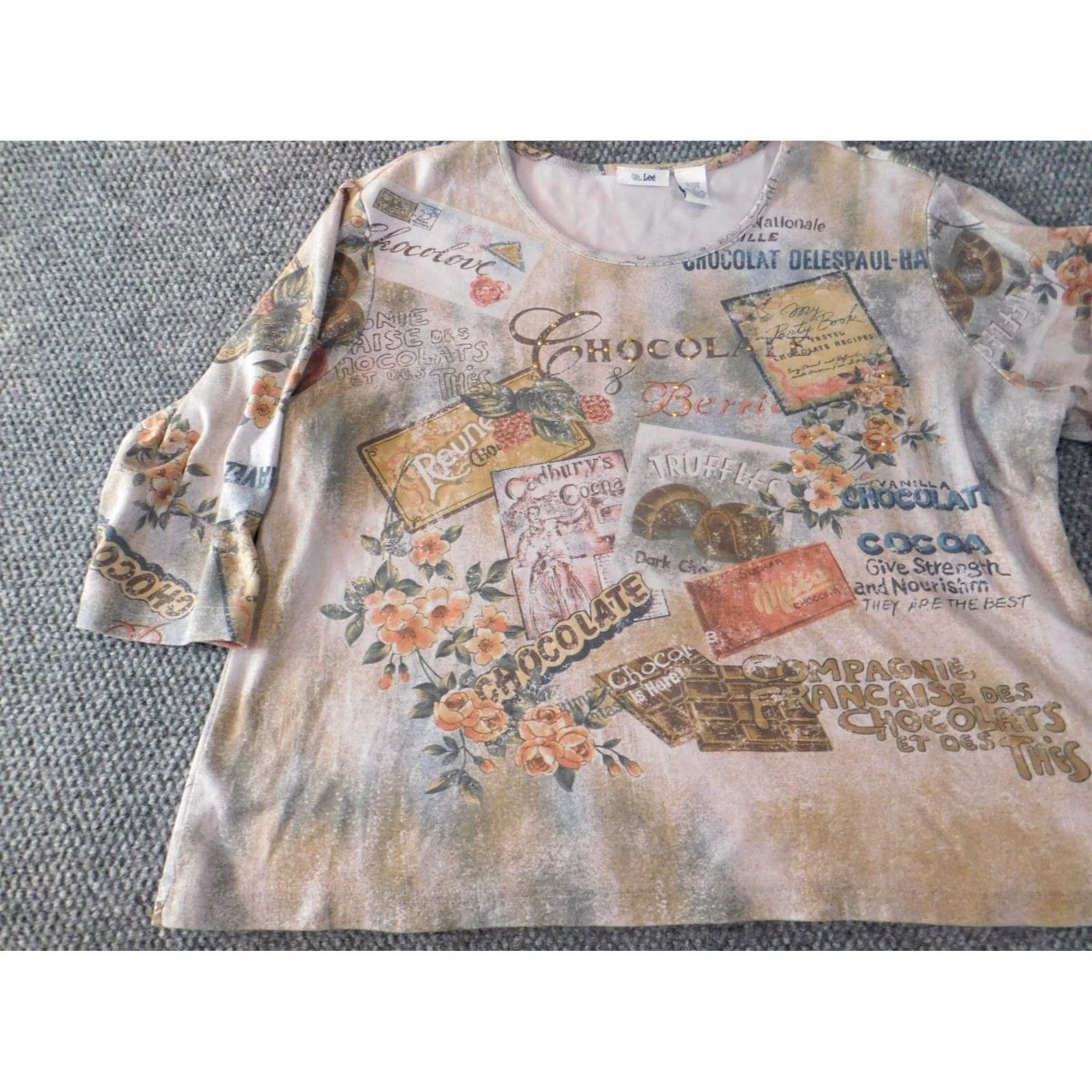 Lee Lee Women's Blouse 2X Plus Beige Crew Neck Pullover Top Long Sleeve Flower Print Casual Size XXL / US 16-18 / IT 52-54 - 3 Thumbnail