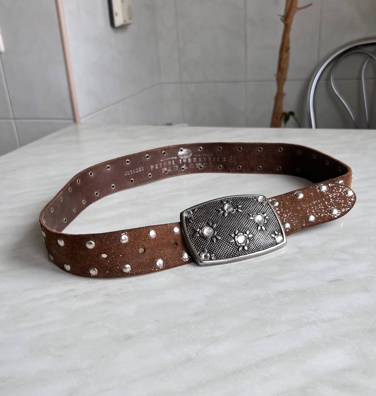 Japanese Brand × Vintage Rare Brown Japan Style leather y2k studded silver belt 90s Size ONE SIZE - 6 Thumbnail