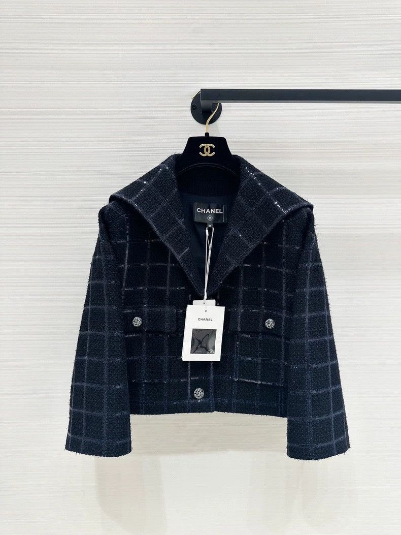 Chanel Chanel 24S Blue Wool Tweed Navy Collar Coat - dmc Size US M / EU 48-50 / 2 - 1 Thumbnail