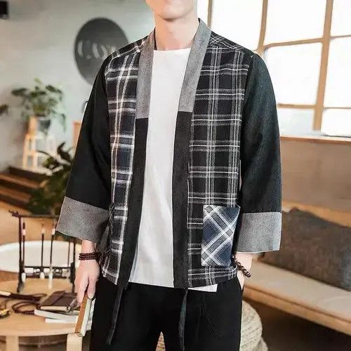 New Release Checkered Pocket Cardigan Kimono Noragi