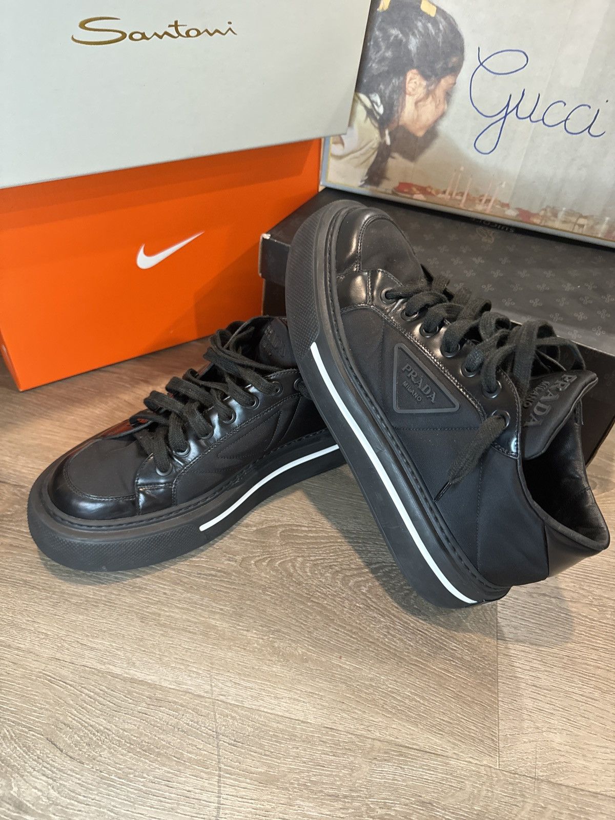 Prada Prada Macro Re-Nylon And Brushed Leather Sneakers