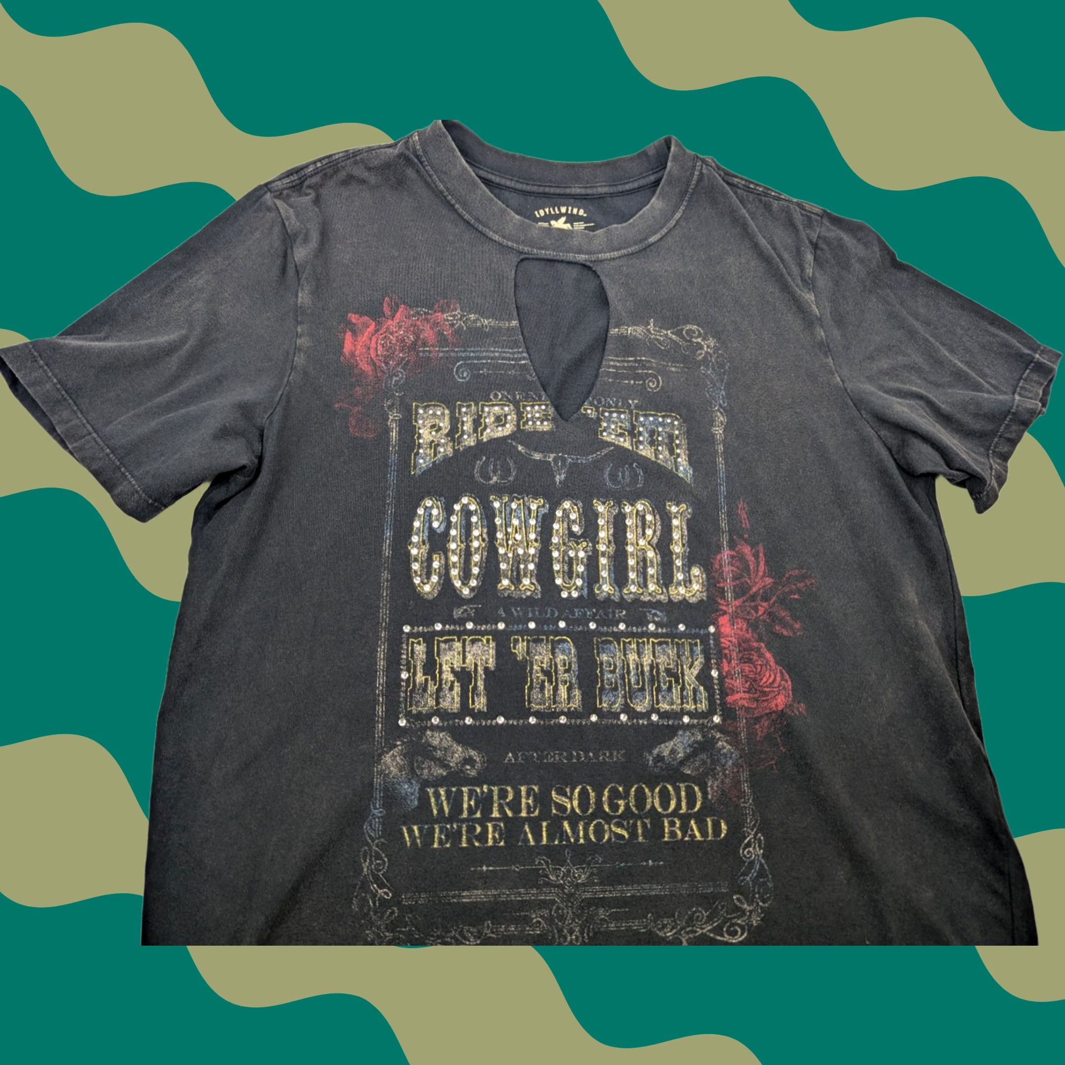 Vintage Idyllwind Women's Ride 'Em Cowgirl Keyhole Short Sleeve Graphic Tee Size M Black Shirt Women Western 90s Cowboys? Size 32" / US 10 / IT 46 - 1 Thumbnail