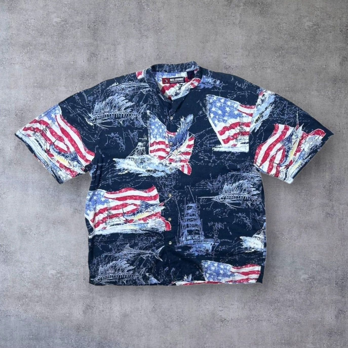Vintage Reel Legends Fishing USA Patterned Short Sleeve Grandad Collared Shirt XL Blue Mens Button-Up Casual Cotton Size US XL / EU 56 / 4 - 2 Thumbnail