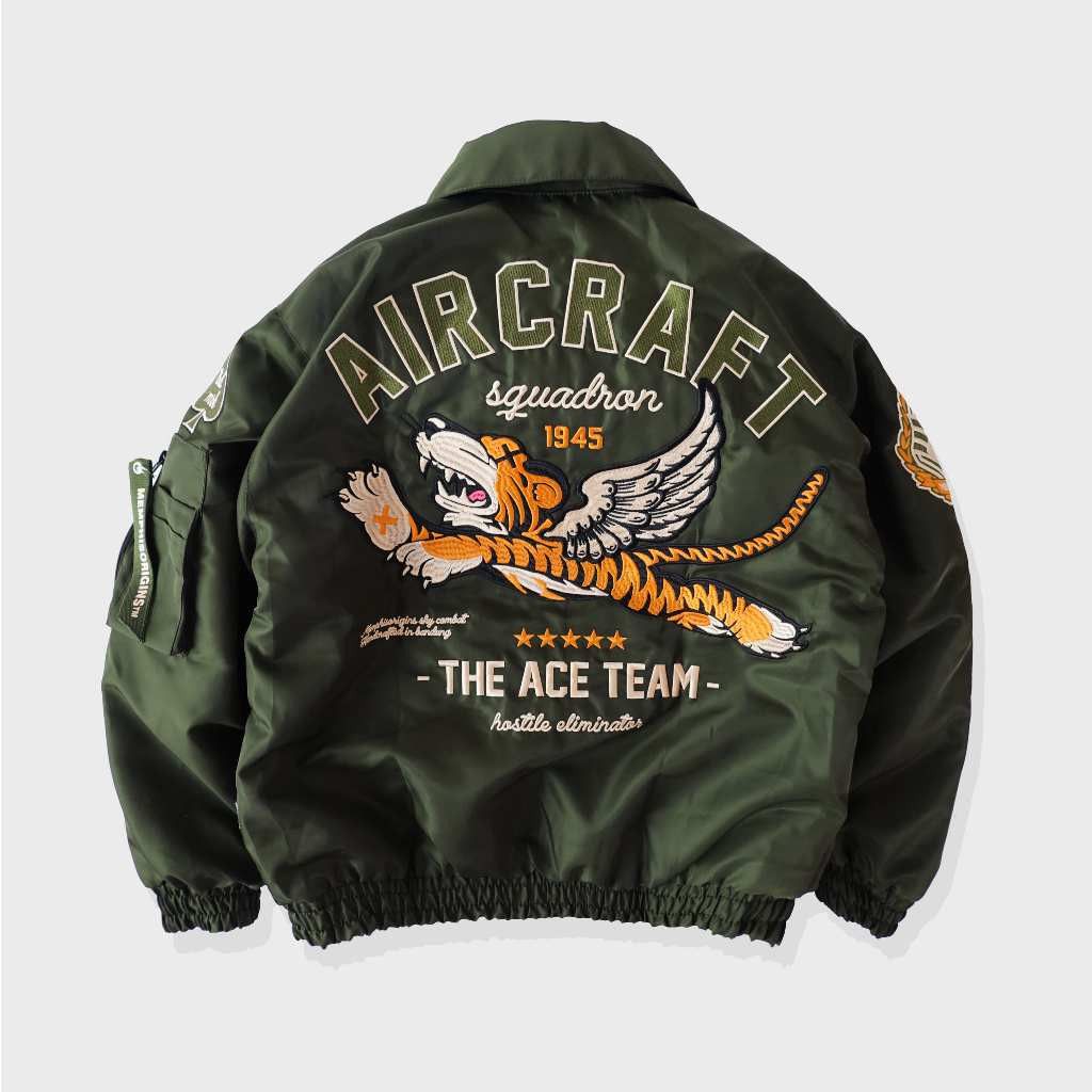 image of Bomber Jacket x Varsity Jacket Flight Jacket - Aircraft [Limited Edition] in Army Green (Size Large