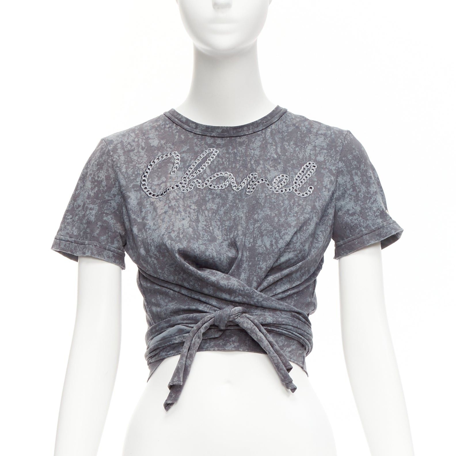 image of Chanel 2021 Grey Rope Logo Embroidery Tie Cropped Tshirt Fr34 Xs, Women's