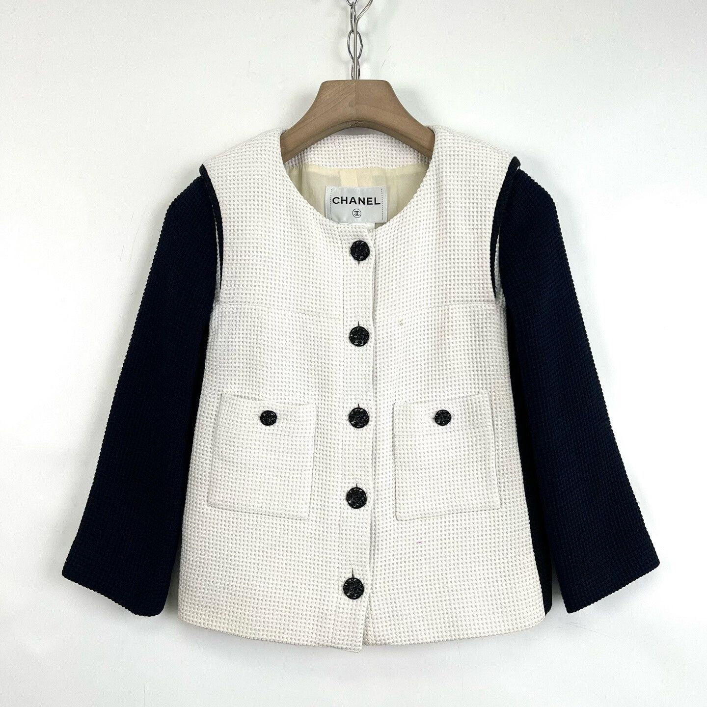 Chanel White Blue Waffle Knit Cardigan