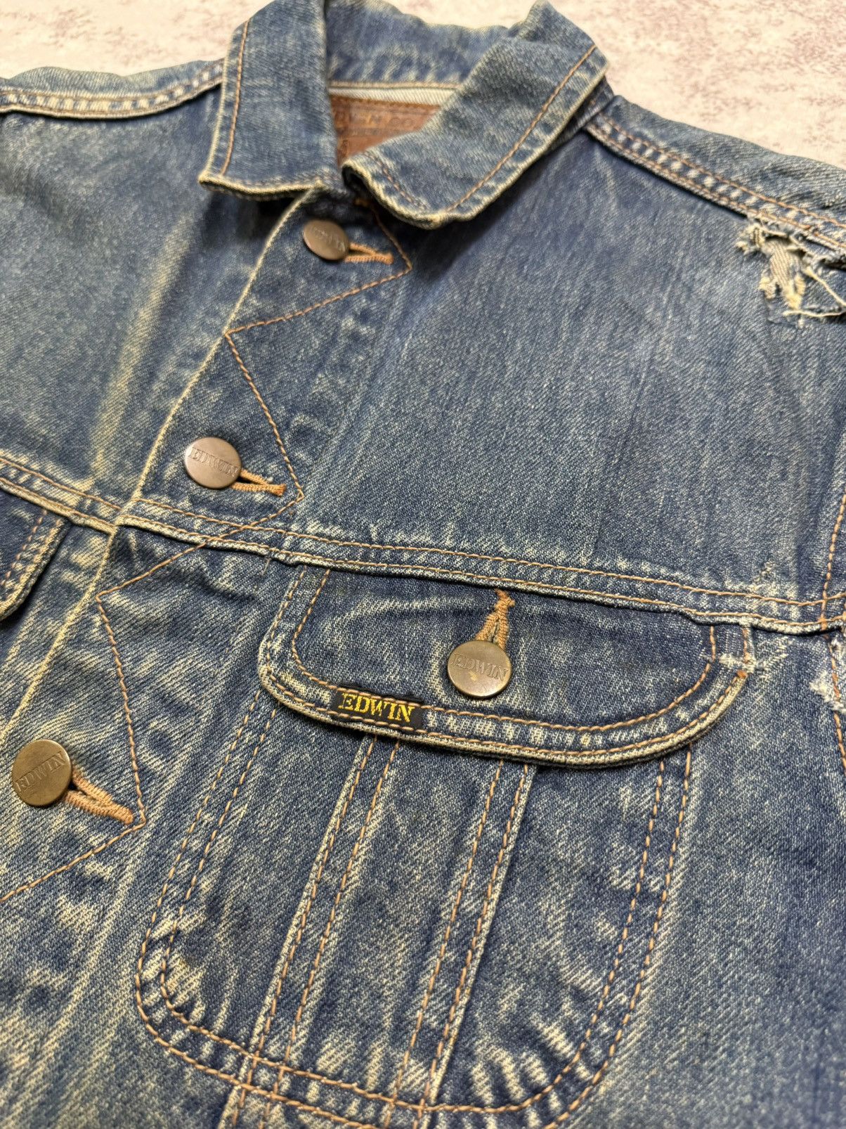 Edwin Vintage 80s Edwin Distressed Denim Trucker Jacket Jeans Size US S / EU 44-46 / 1 - 7 Thumbnail