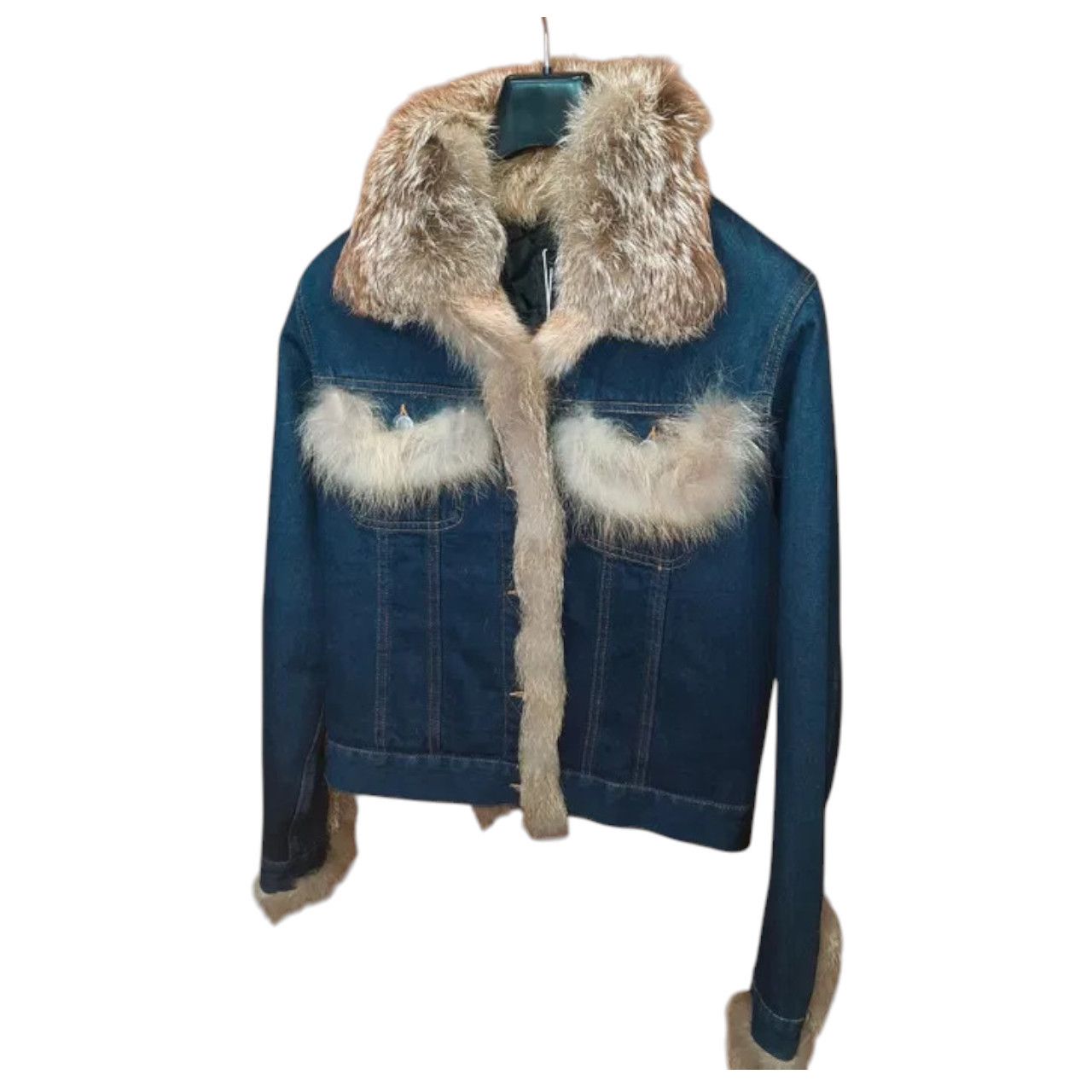 Indigo denim jacket with natural fox fur collar sz M
