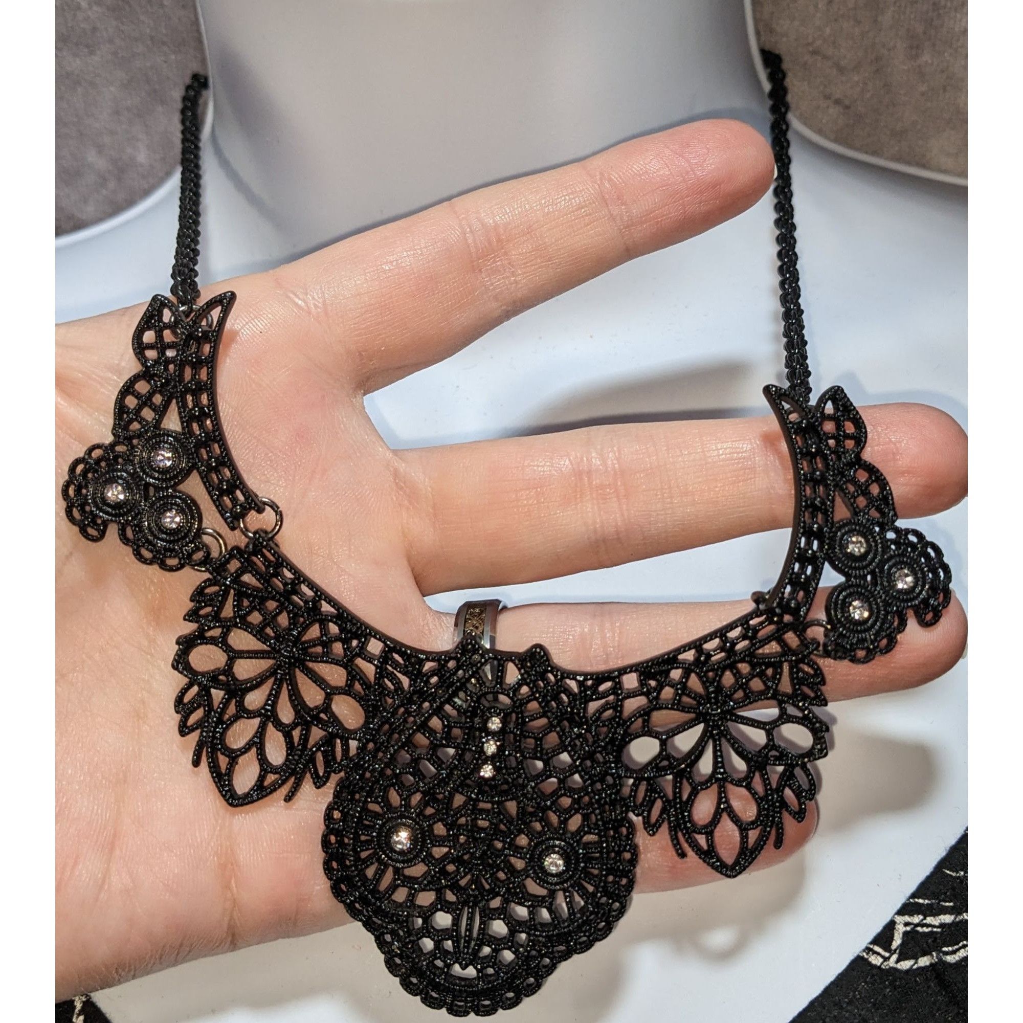 Other Gothic Black Lace-Like Metal Necklace With Rhinestone Accent Size ONE SIZE - 2 Thumbnail