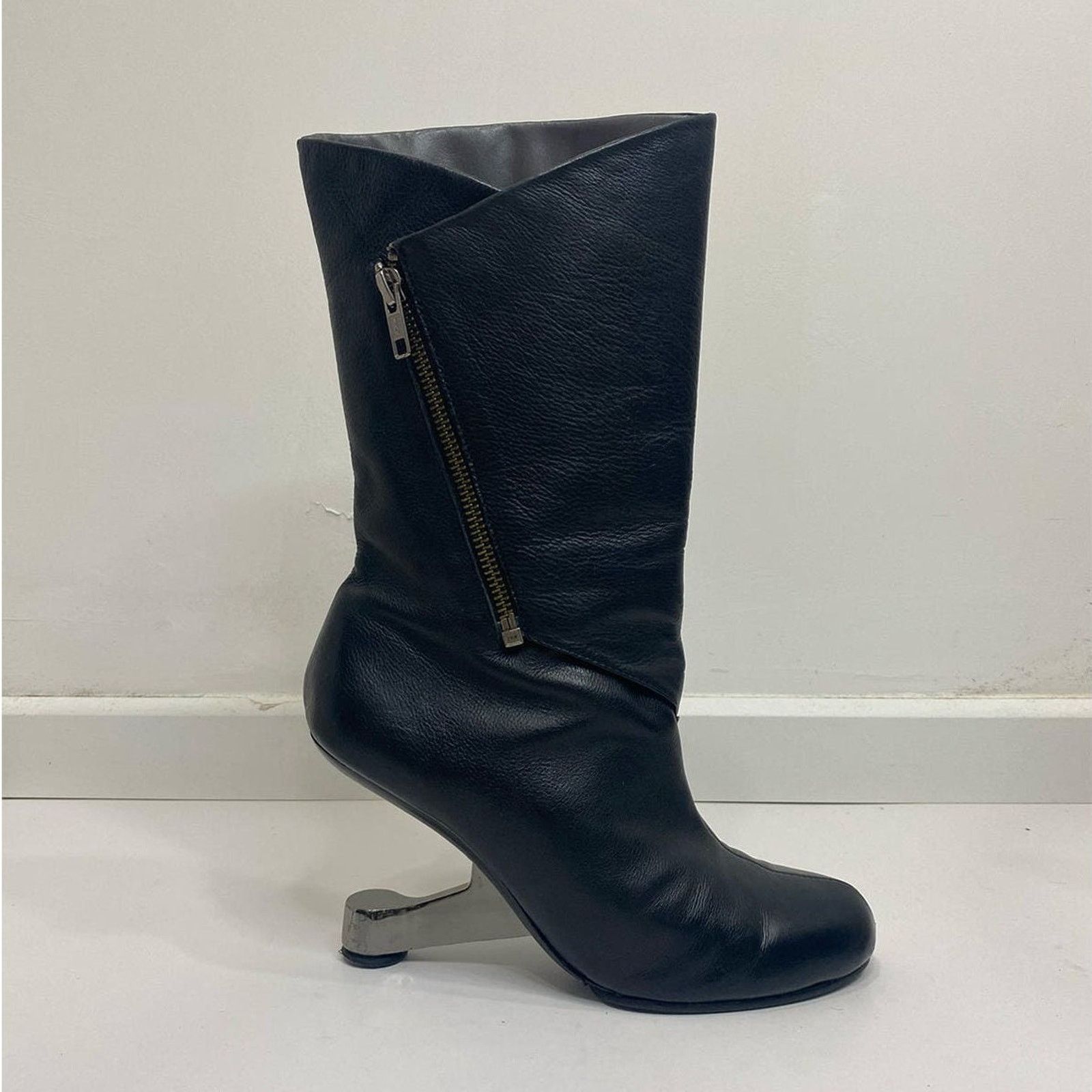 UNITED NUDE Archive Eamz Heel Mid Calf Leather Boots Size US 7 / IT 37 - 2 Thumbnail