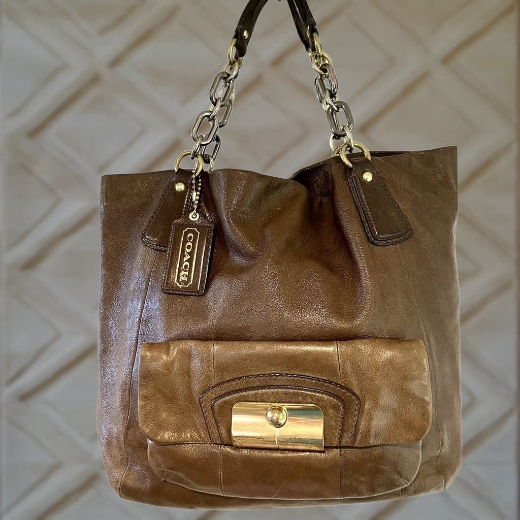 Coach VINTAGE Coach Tote Bag XL Brown Leather Kristin Gold Chain 