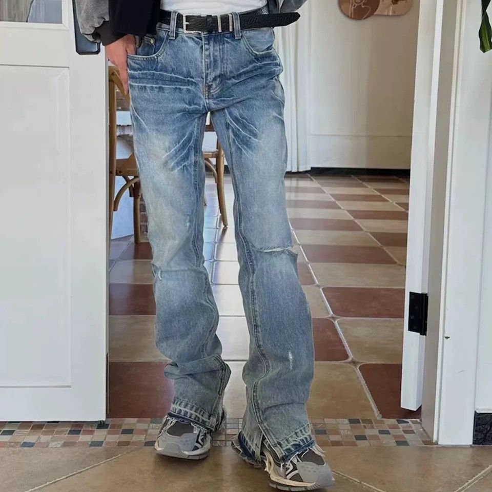 Streetwear Ropa Hombre Lightning Washed Split Jeans