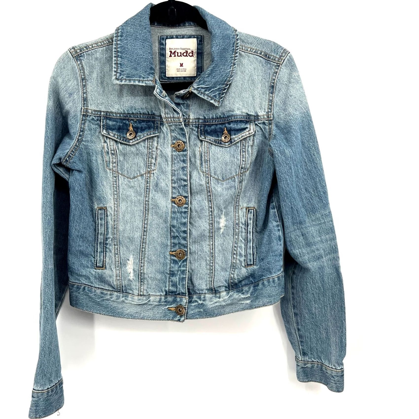 Mudd Denim Jacket Women Short Length Y2K Light Wash Distressed 