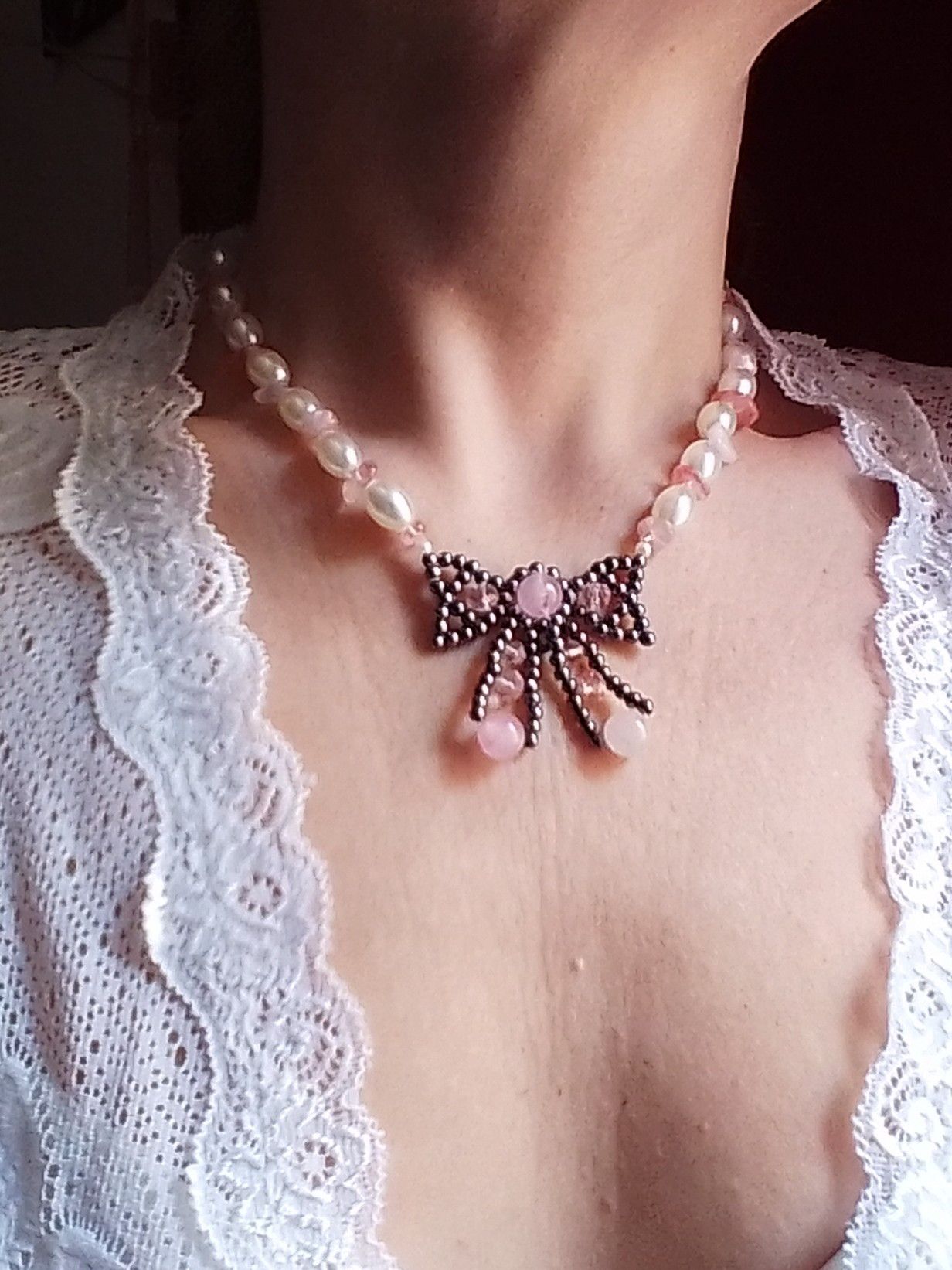 Handmade Bow necklace with natural rose with gemstones& pearls Size ONE SIZE - 10 Thumbnail