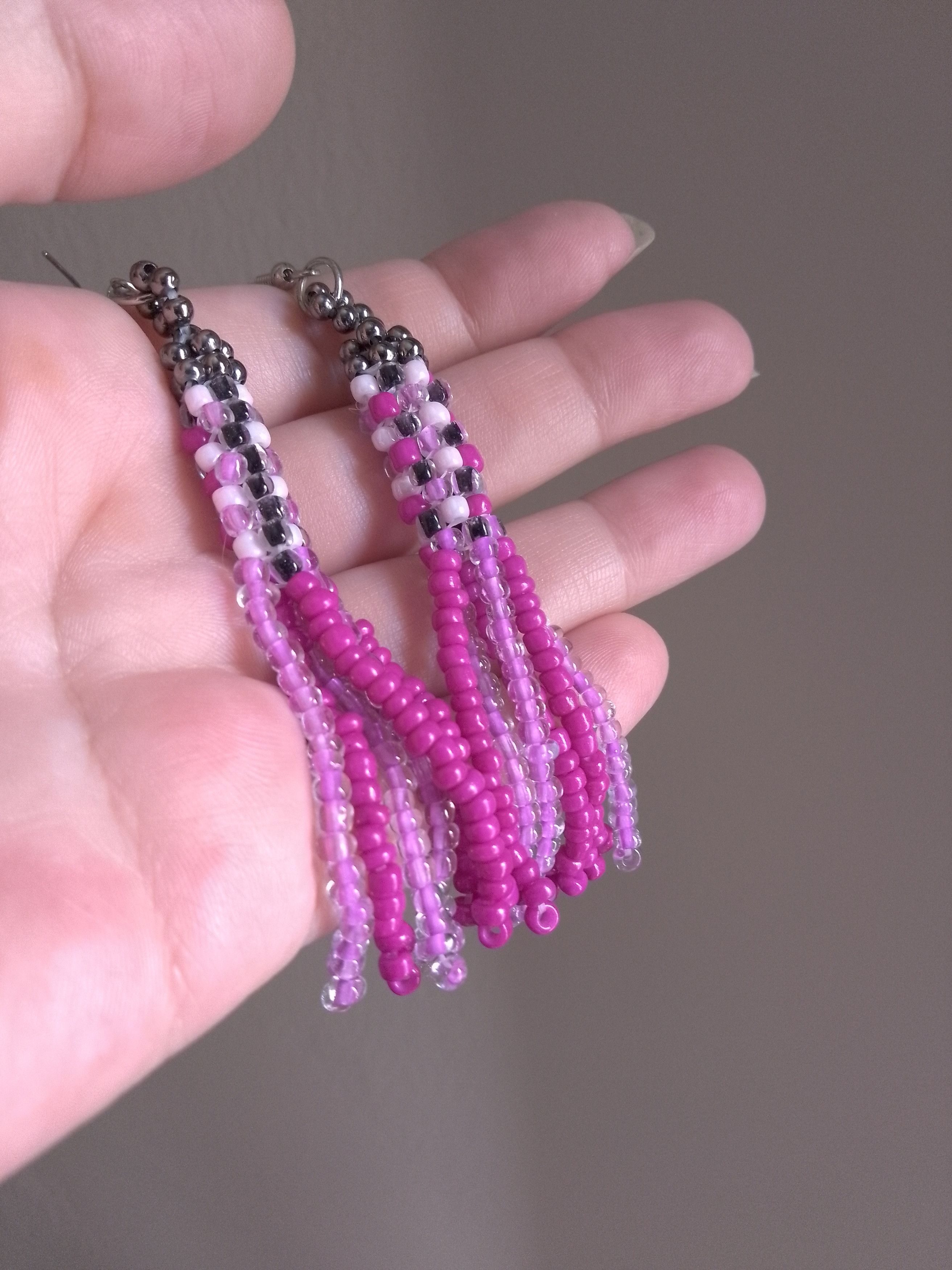 Handmade Earrings Long Bangs Chessboard Pattern Pink Size ONE SIZE - 2 Thumbnail
