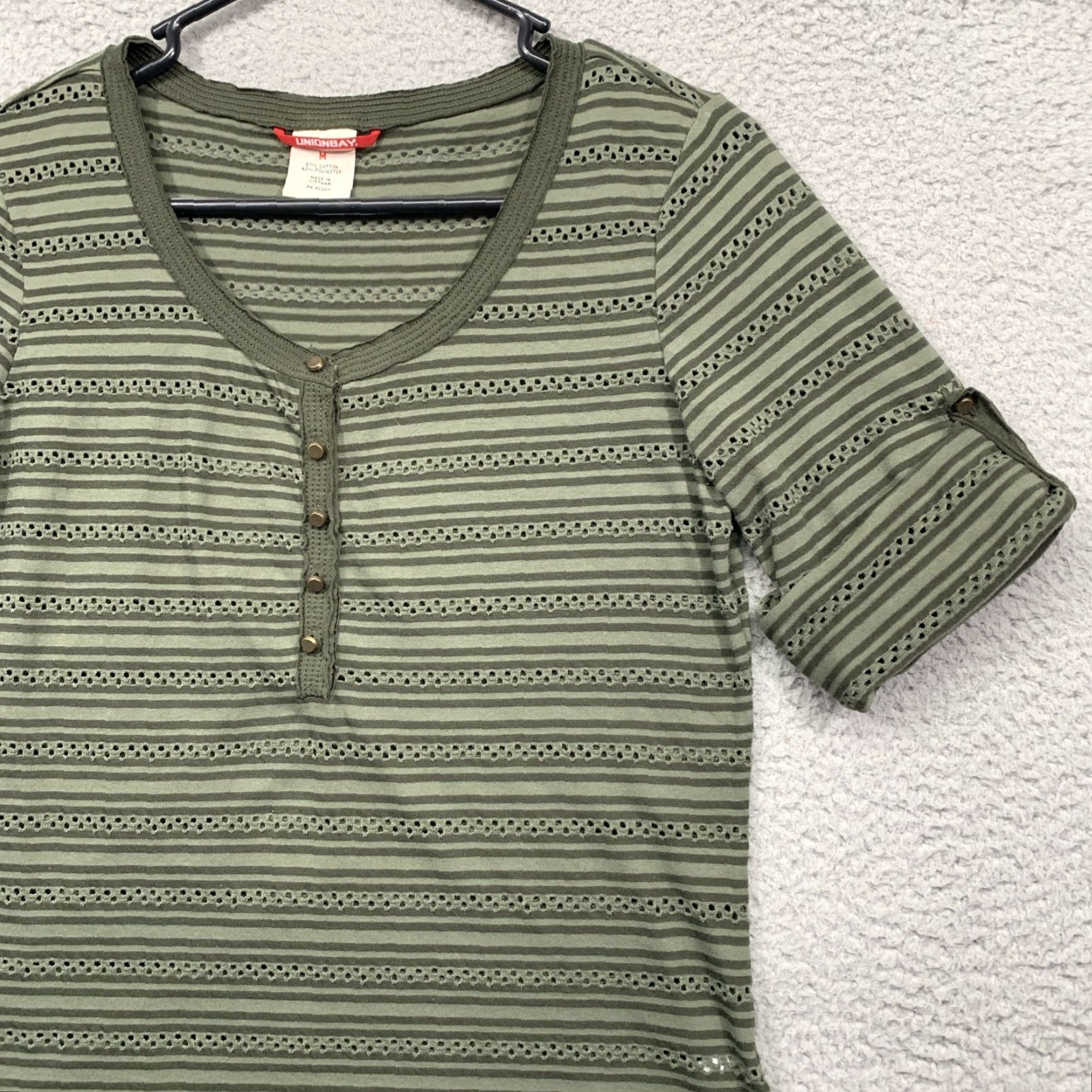 Vintage VINTAGE Union Bay Womens Top M Forest Green 3/4 Sleeve Breathable Rounded Hem Stripes & Lace Holes Cotton Polyester Pullover Button KnITS Womens Size M / US 6-8 / IT 42-44 - 3 Thumbnail
